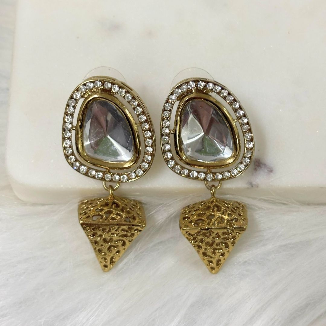 Bdiva 18K Gold Plated Cone Dangler Kundan Earrings with Western Flair.