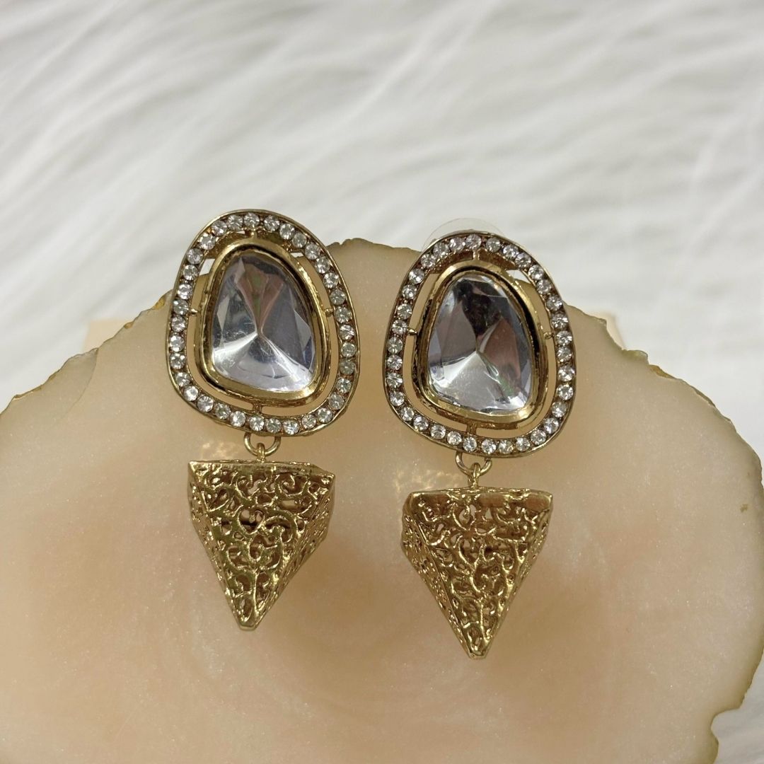 Bdiva 18K Gold Plated Cone Dangler Kundan Earrings with Western Flair.