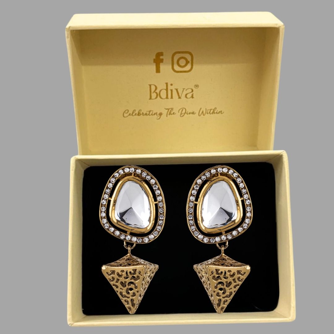 Bdiva 18K Gold Plated Cone Dangler Kundan Earrings with Western Flair.