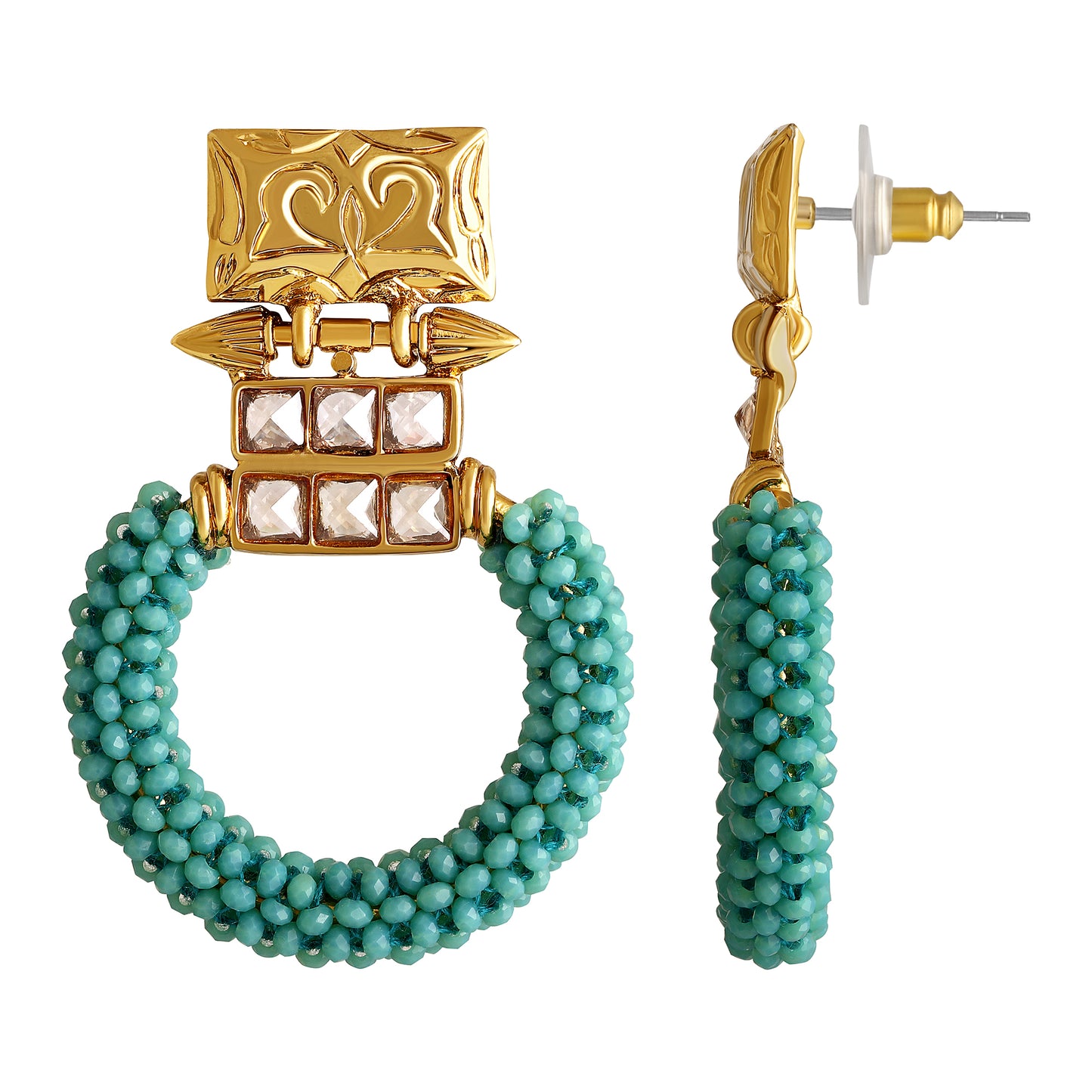 Bdiva 18K Gold Plated Kundan Turquoise Beads Earrings.