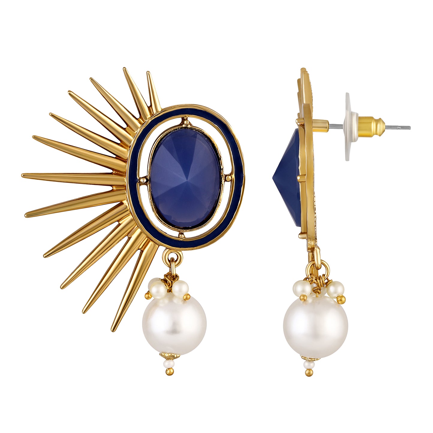 Bdiva 18K Gold Plated Blue Sapphire Earrings With A Pearl Drop.