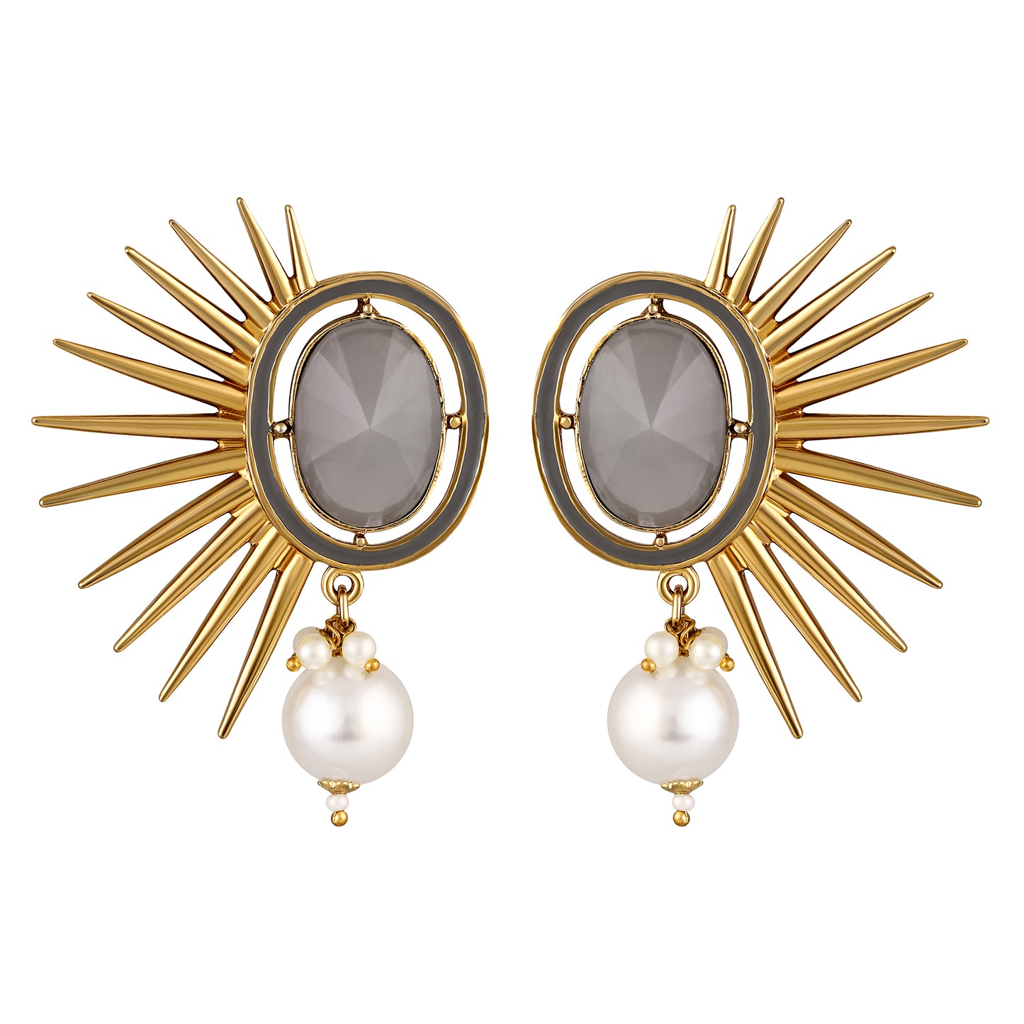 Bdiva 18K Gold Plated Grey Quarts Earrings With A Pearl Drop.