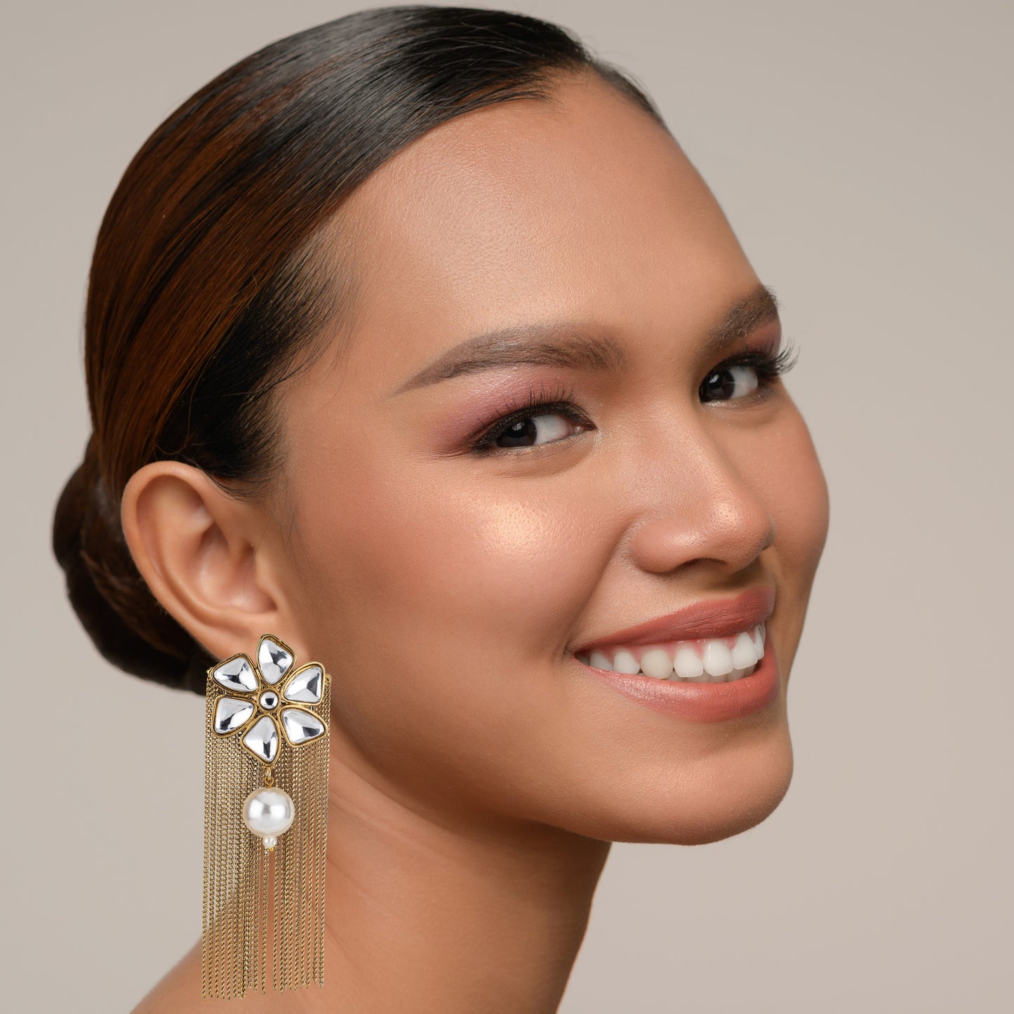 Bdiva 18K Gold Plated Floral Kundan Drop Pearl Earrings with Western Flair.