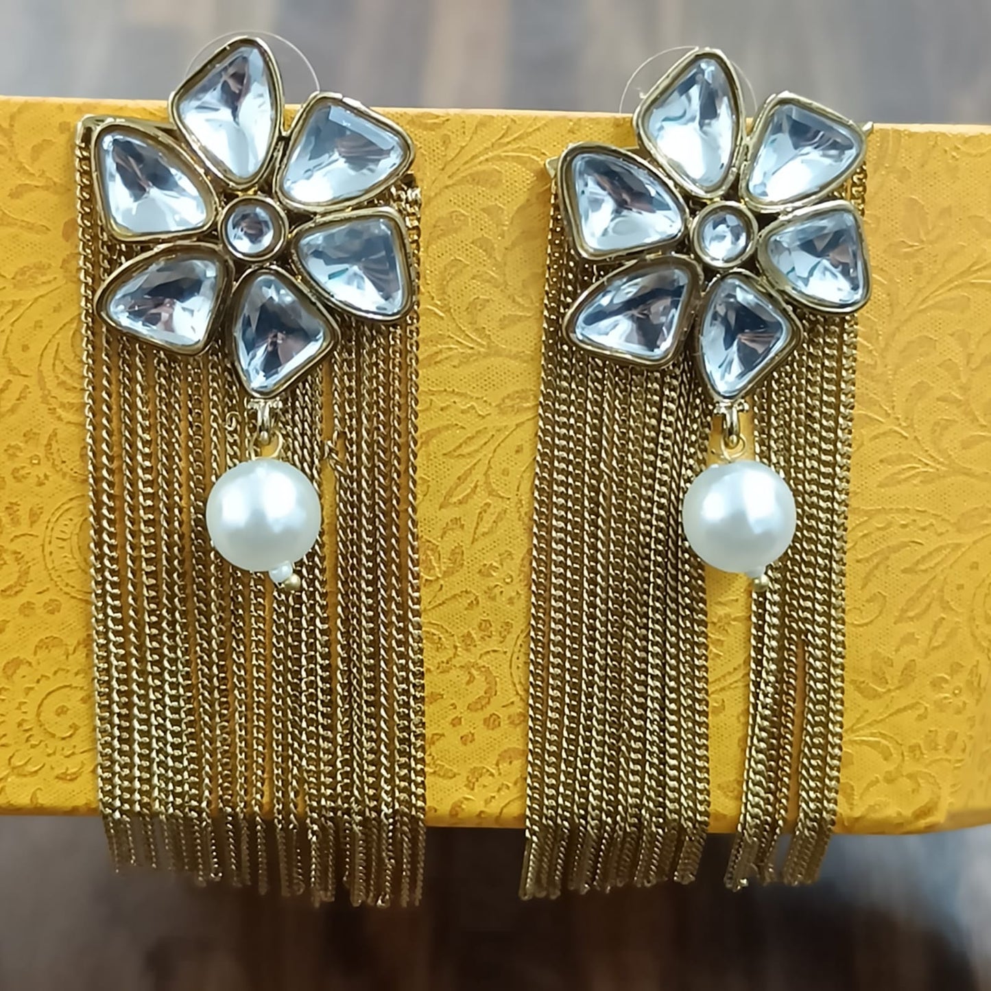 Bdiva 18K Gold Plated Floral Kundan Drop Pearl Earrings with Western Flair.