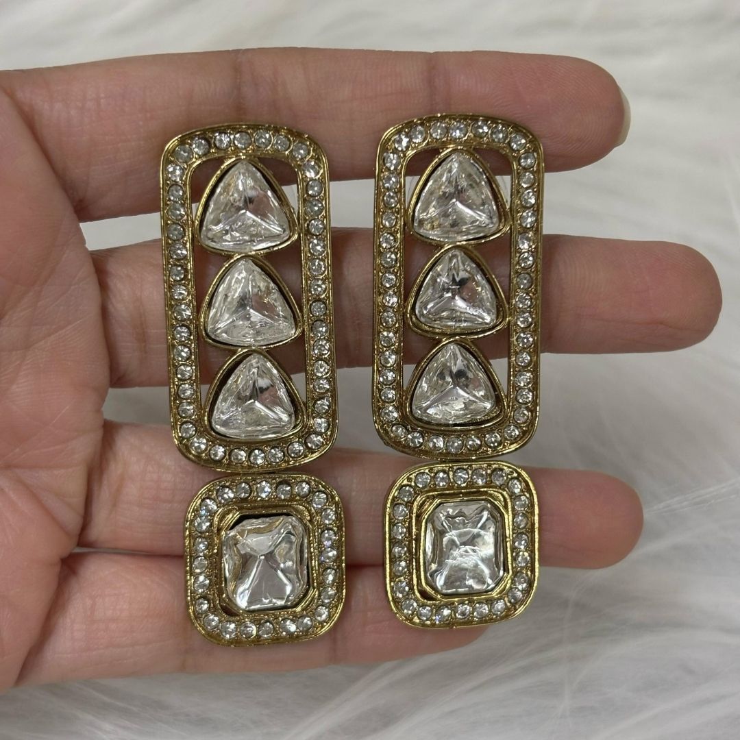 18K Gold Plated Regal Kundan Geometric Earrings