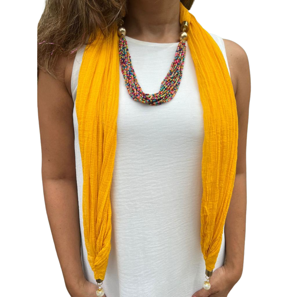 Bdiva Handmade Yellow Scarf With Multicolored Seed Beads Necklace.