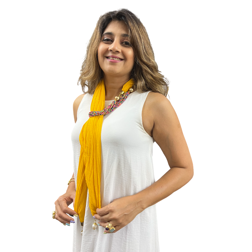 Bdiva Handmade Yellow Scarf With Multicolored Seed Beads Necklace.