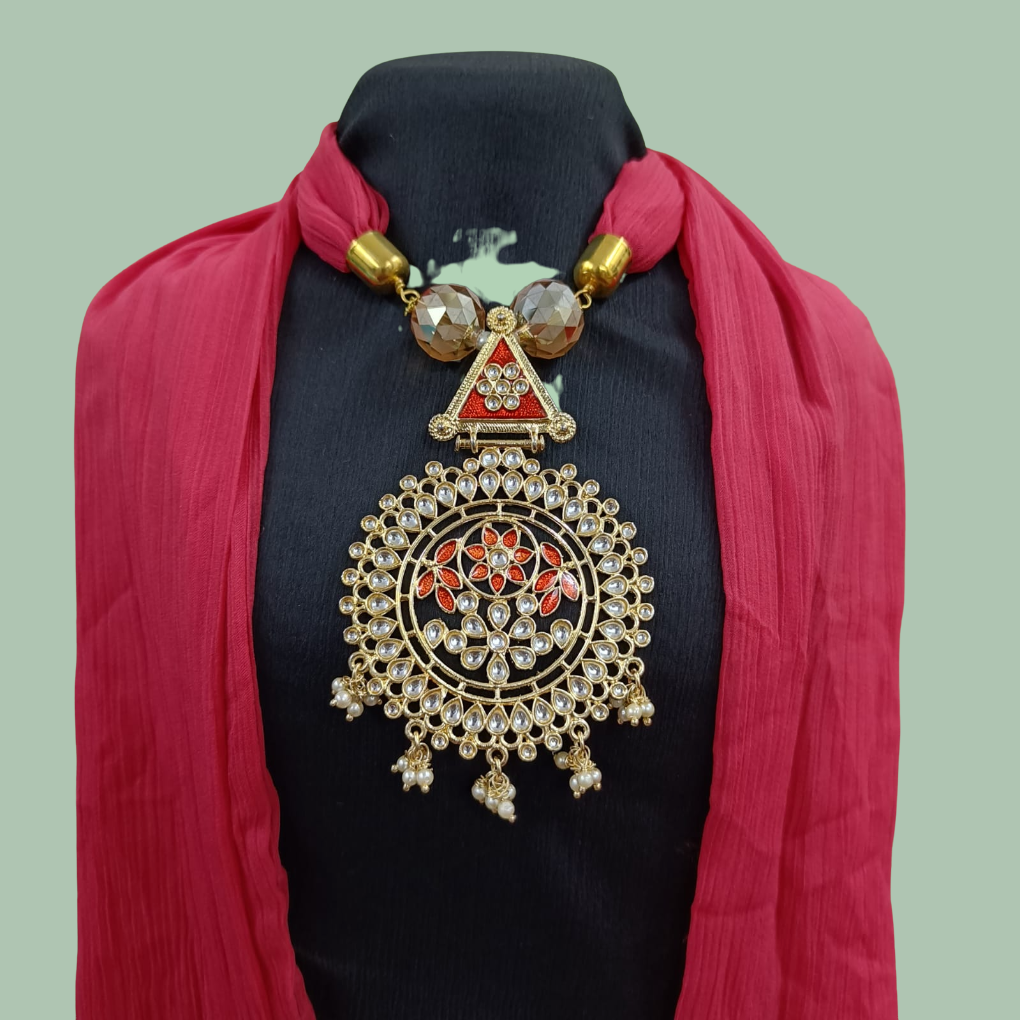 Bdiva Pink Georgette Scarf With Indian Jewelry And Motif