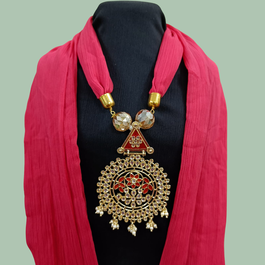 Bdiva Pink Georgette Scarf With Indian Jewelry And Motif