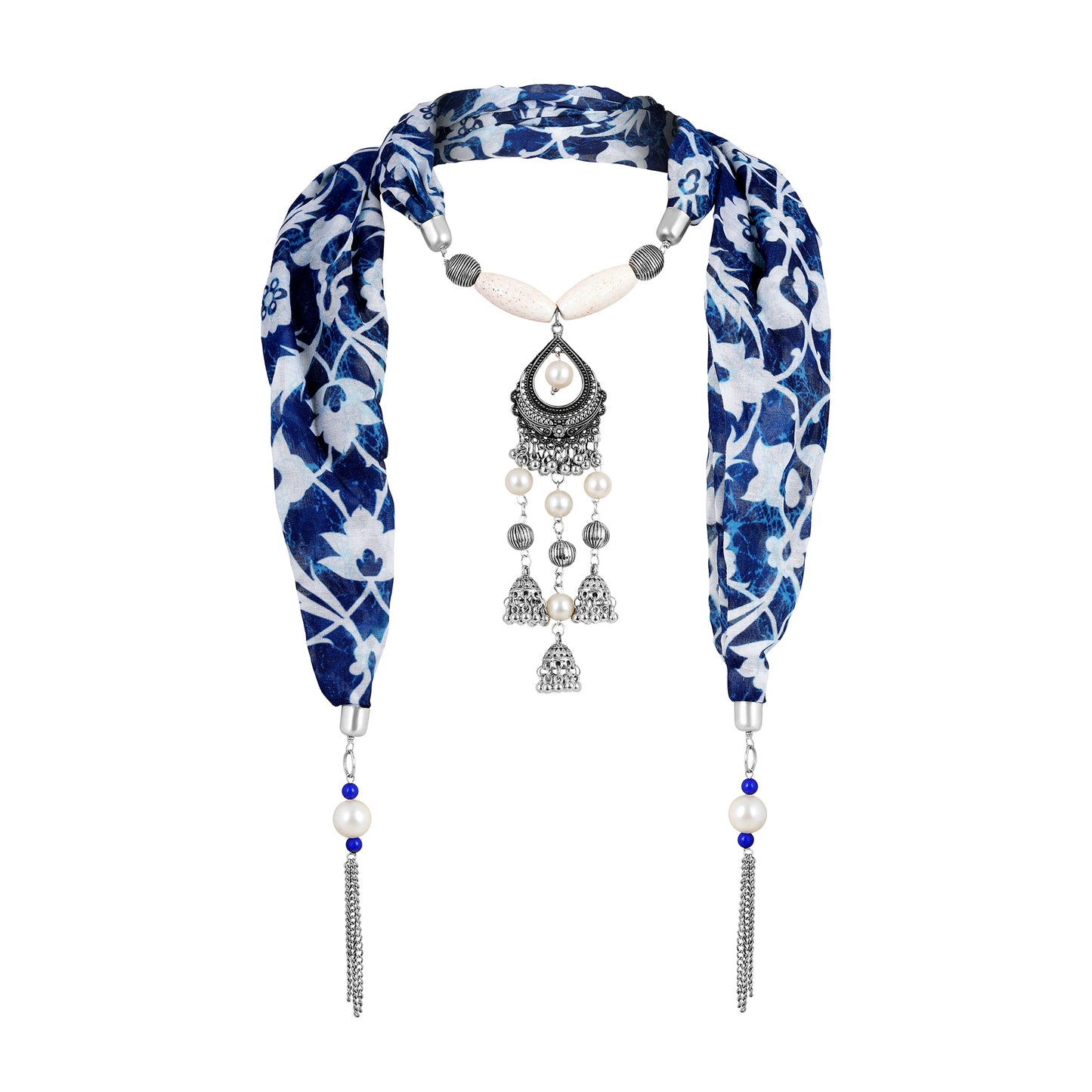 Bdiva Indigo Floral Scarf with Indian Jewelry and Motif.