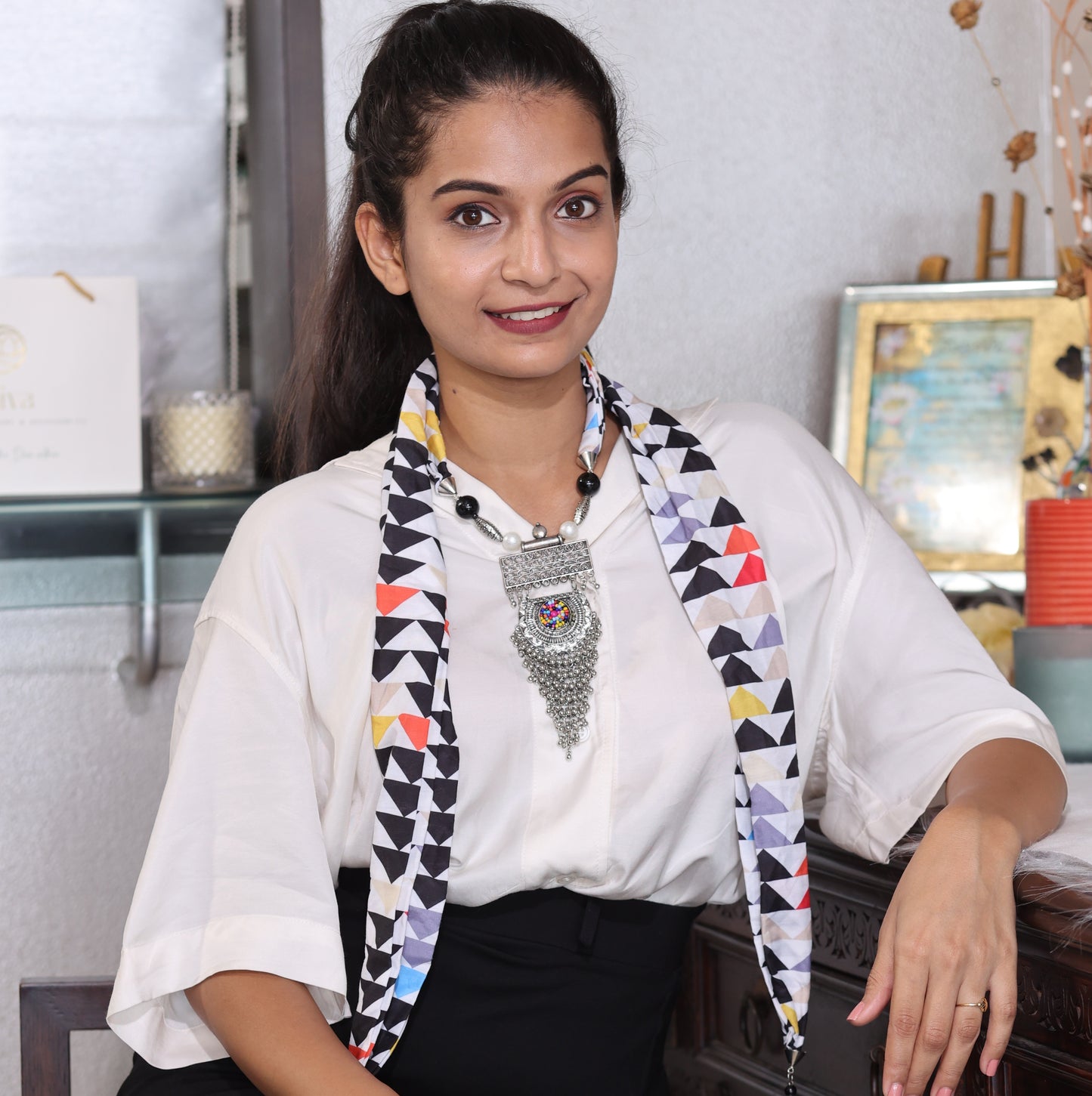 Bdiva Geometric Print Jewelry Scarf With Indian Traditional Motif.
