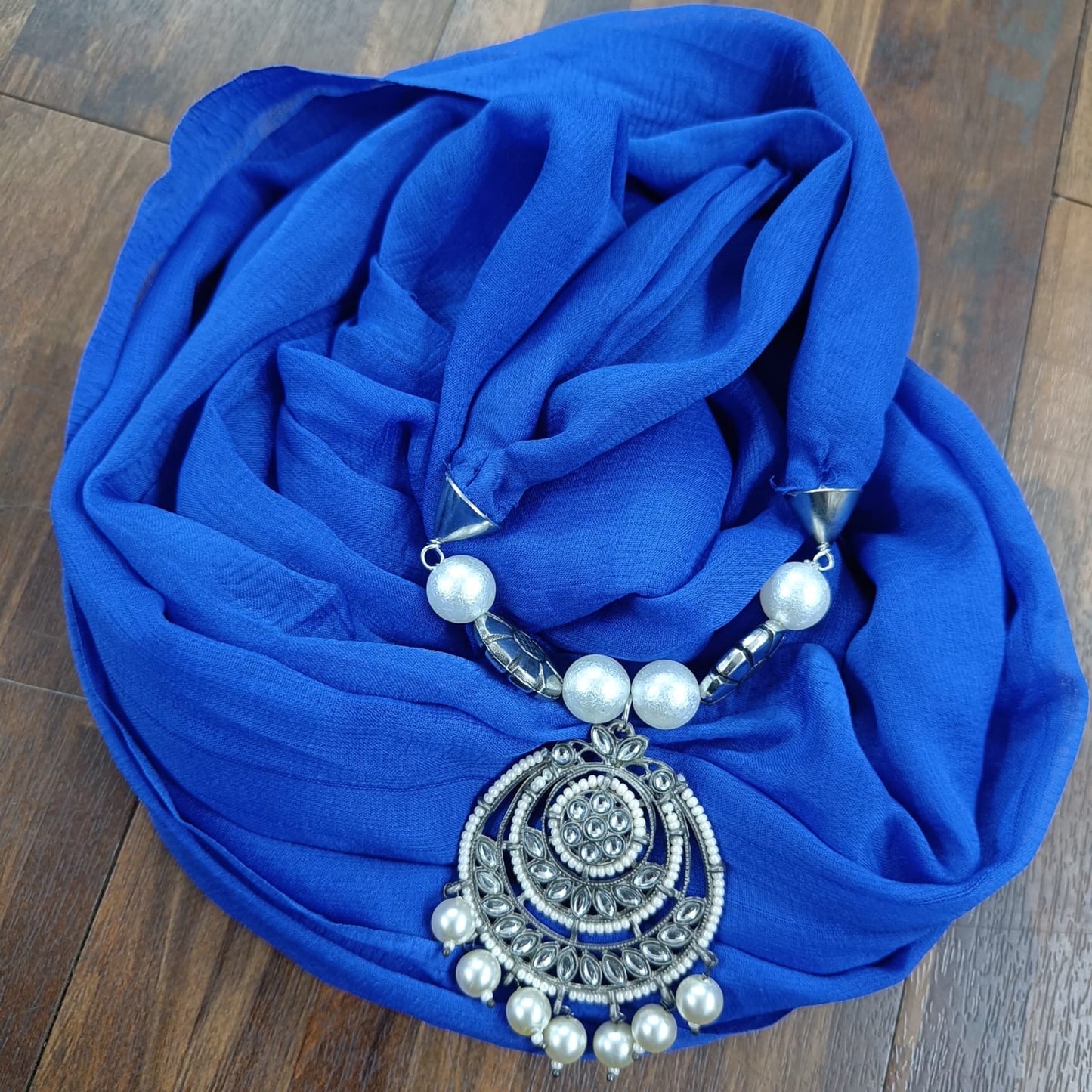 Bdiva Handmade Blue Georgette Scarf with Traditional Kundan Pendant.