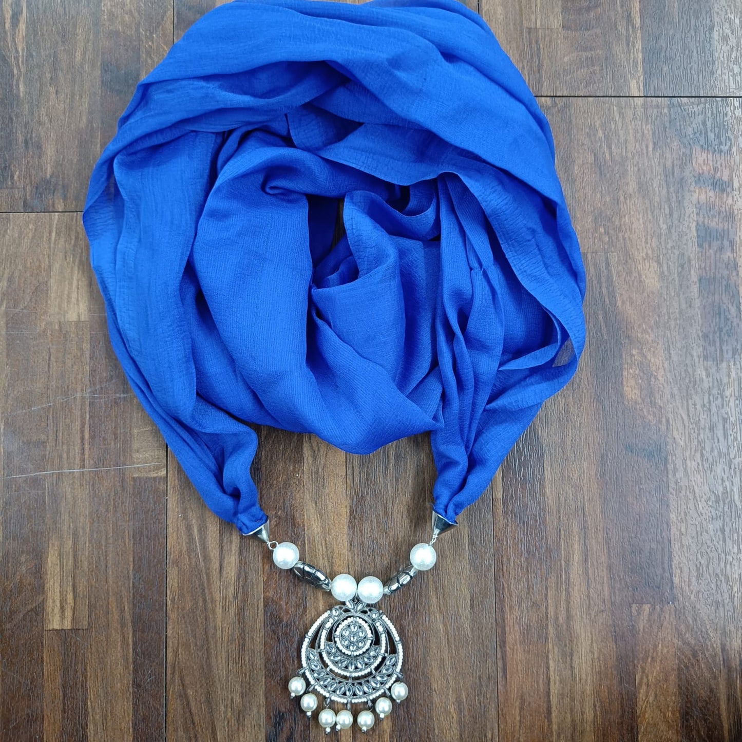 Bdiva Handmade Blue Georgette Scarf with Traditional Kundan Pendant.