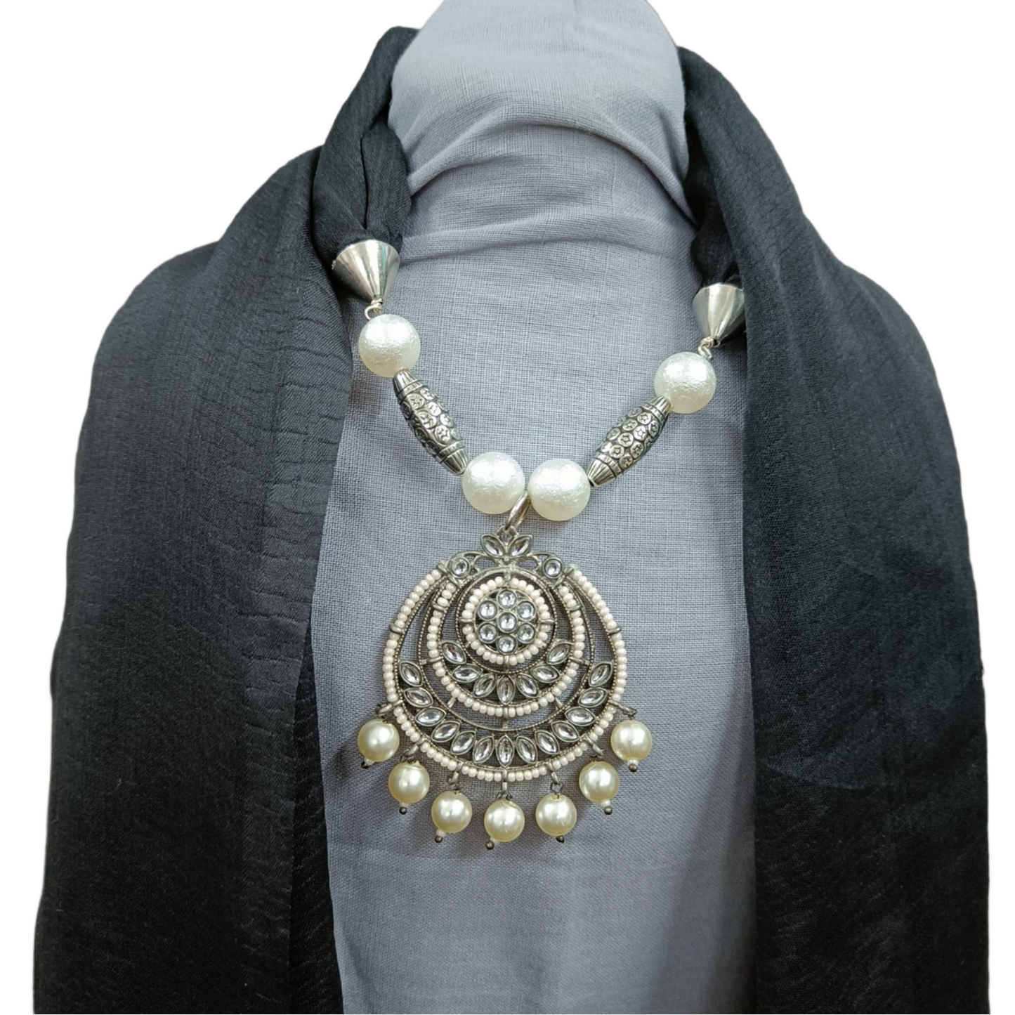 Bdiva Handmade Black Georgette Scarf with Traditional Kundan Pendant.