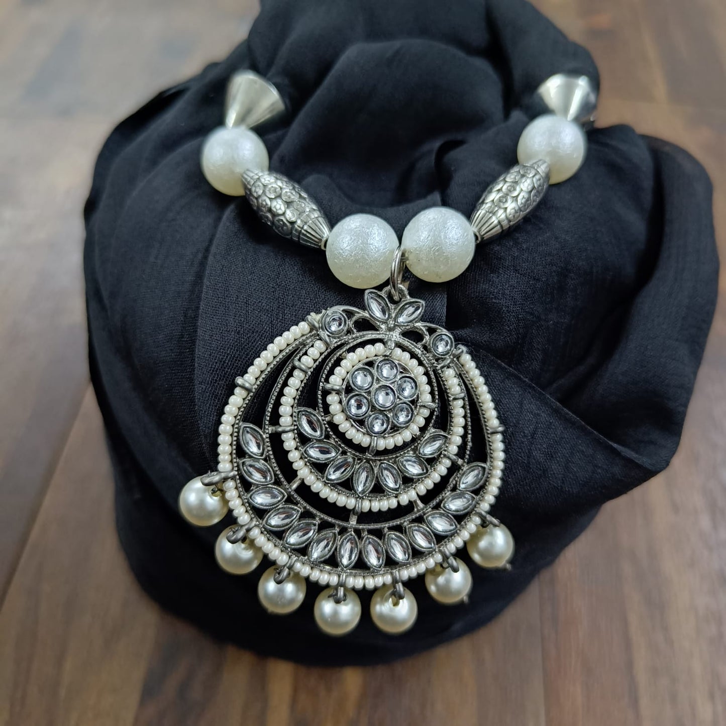 Bdiva Handmade Black Georgette Scarf with Traditional Kundan Pendant.