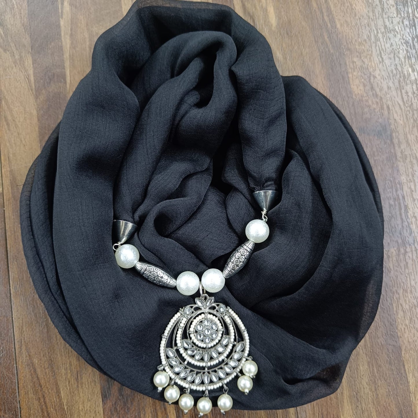 Bdiva Handmade Black Georgette Scarf with Traditional Kundan Pendant.