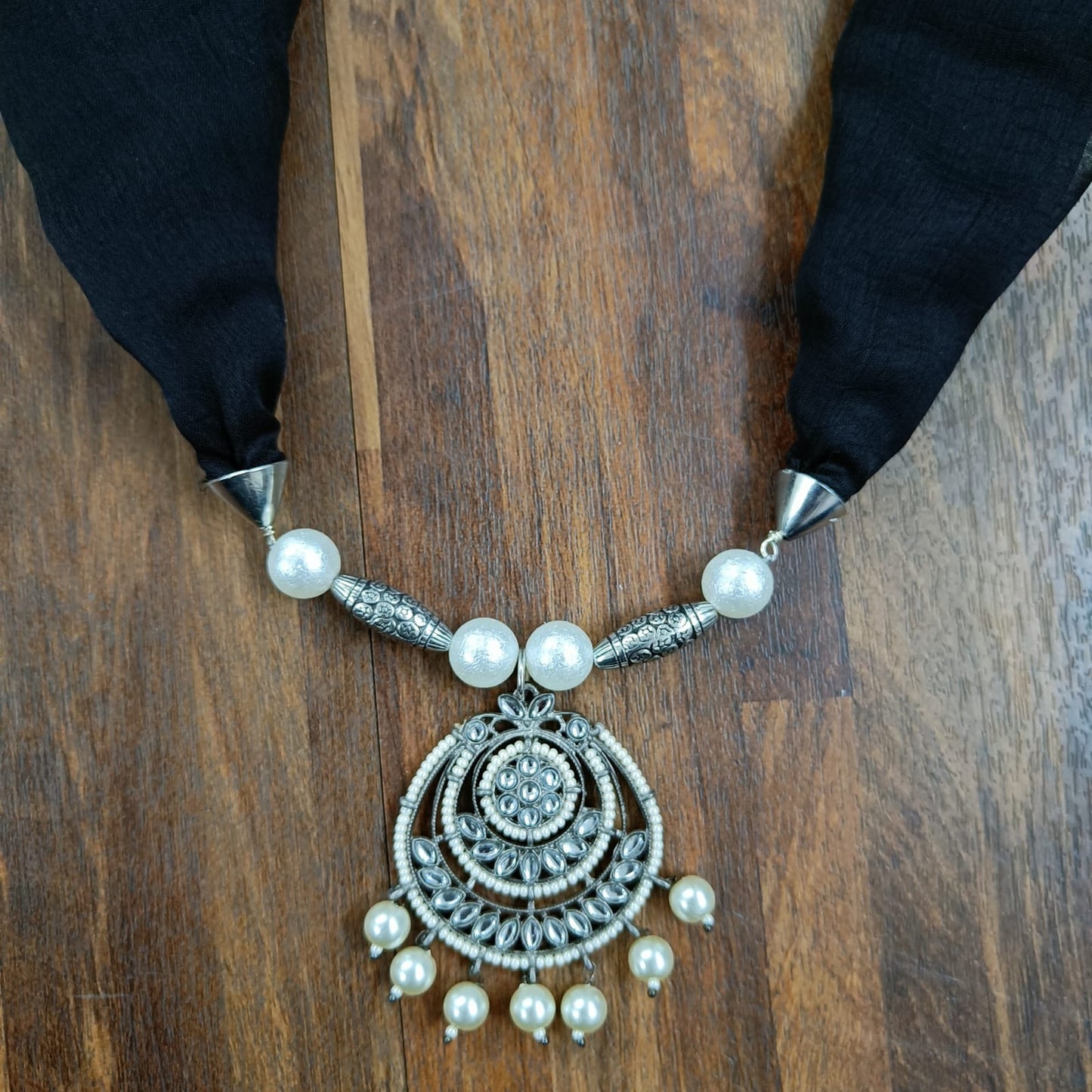 Bdiva Handmade Black Georgette Scarf with Traditional Kundan Pendant.