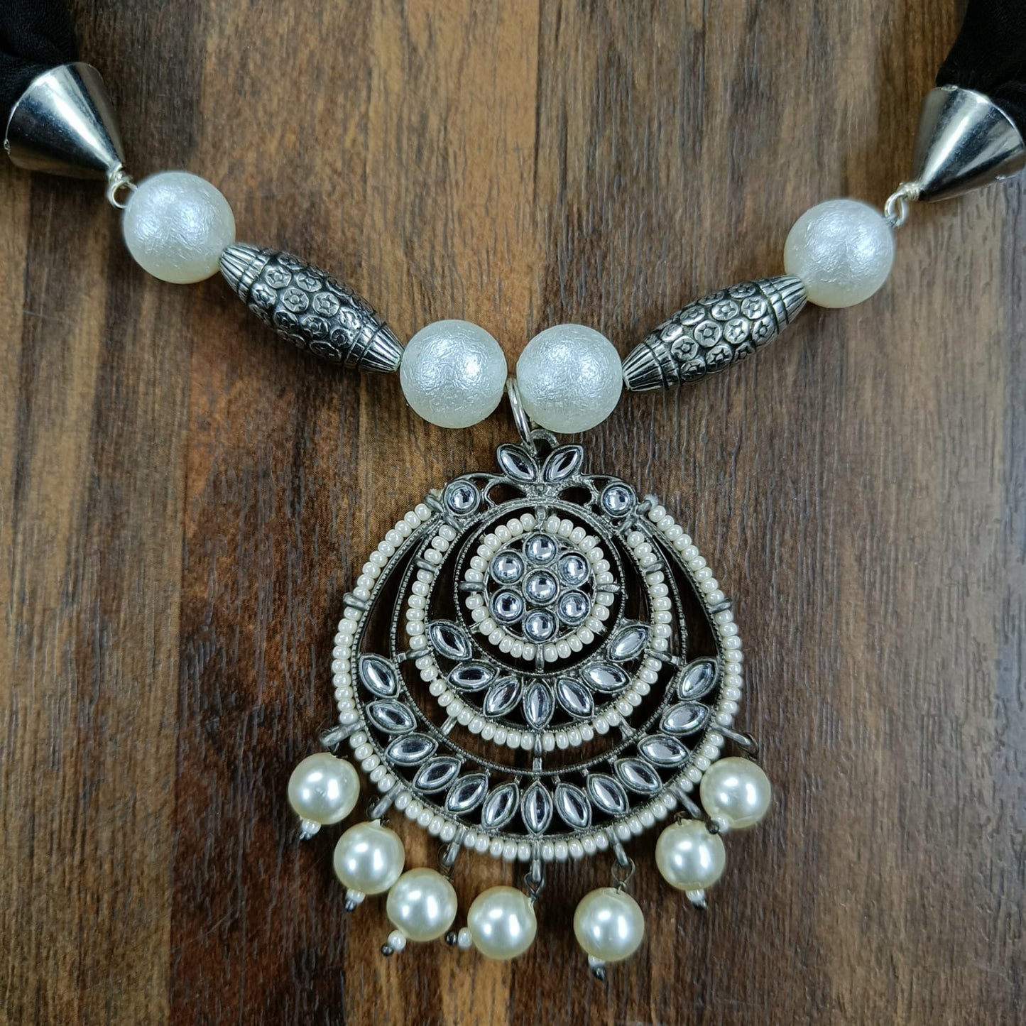 Bdiva Handmade Black Georgette Scarf with Traditional Kundan Pendant.