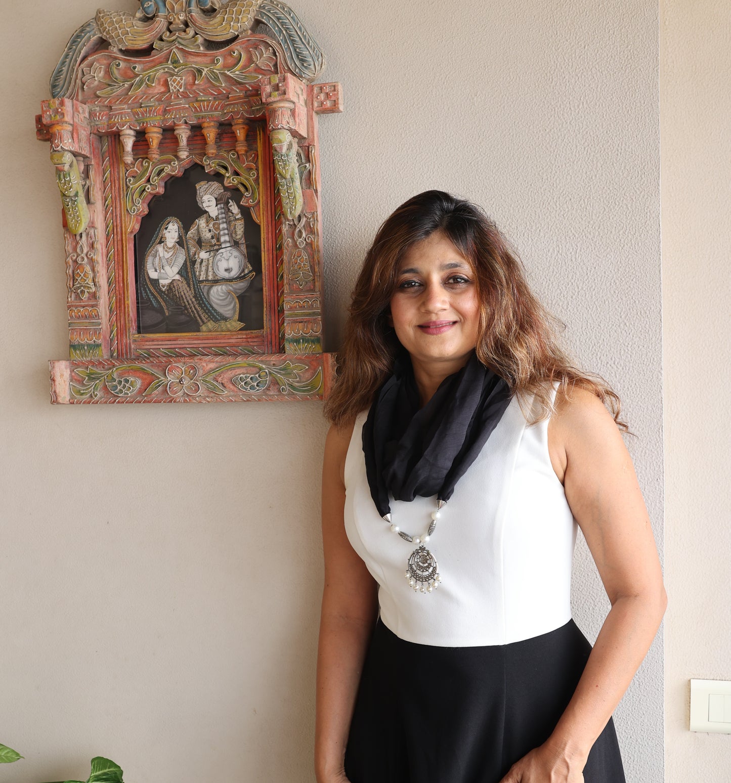 Bdiva Handmade Black Georgette Scarf with Traditional Kundan Pendant.
