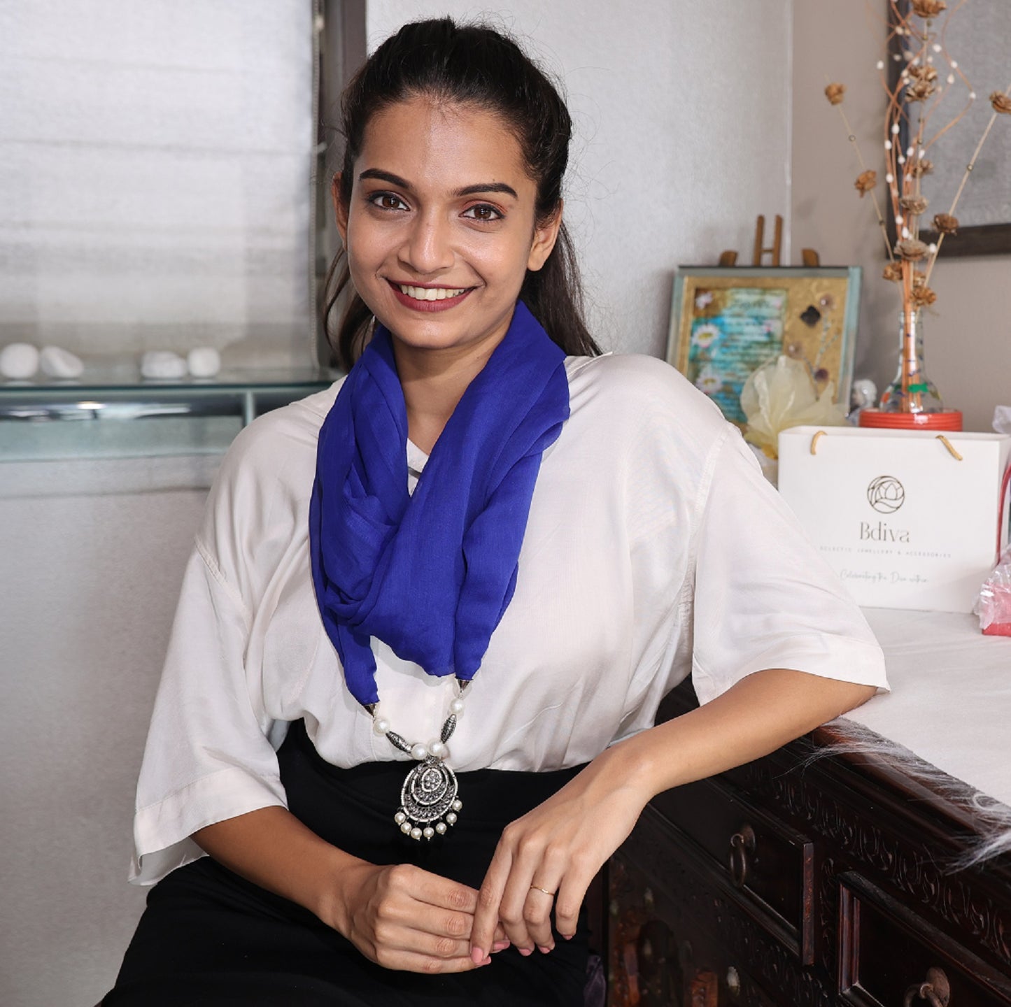 Bdiva Handmade Blue Georgette Scarf with Traditional Kundan Pendant.