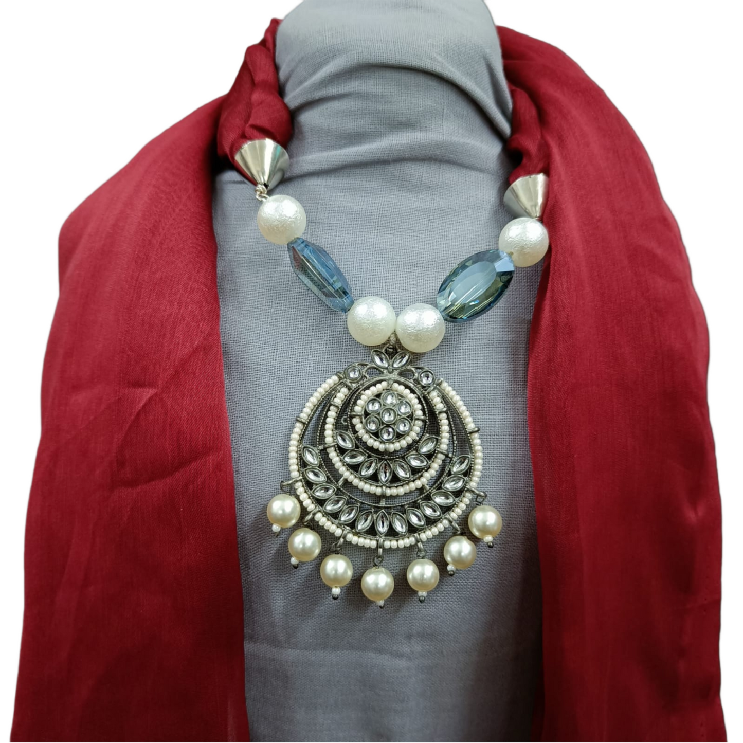 Bdiva Handmade Maroon Georgette Scarf with Traditional Kundan Pendant.