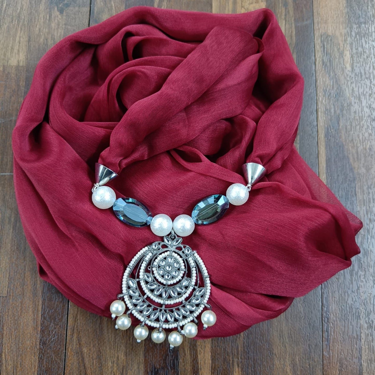 Bdiva Handmade Maroon Georgette Scarf with Traditional Kundan Pendant.