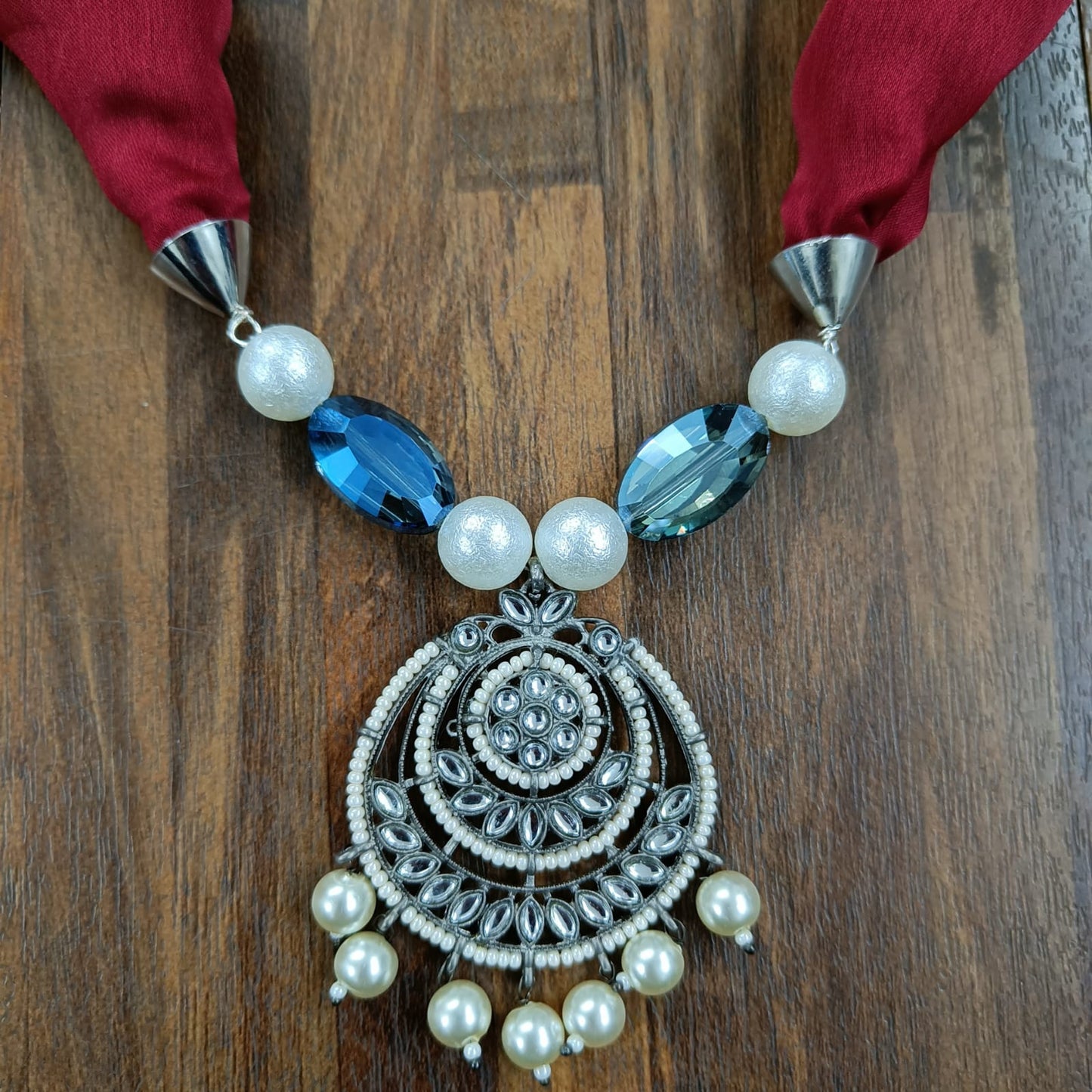 Bdiva Handmade Maroon Georgette Scarf with Traditional Kundan Pendant.