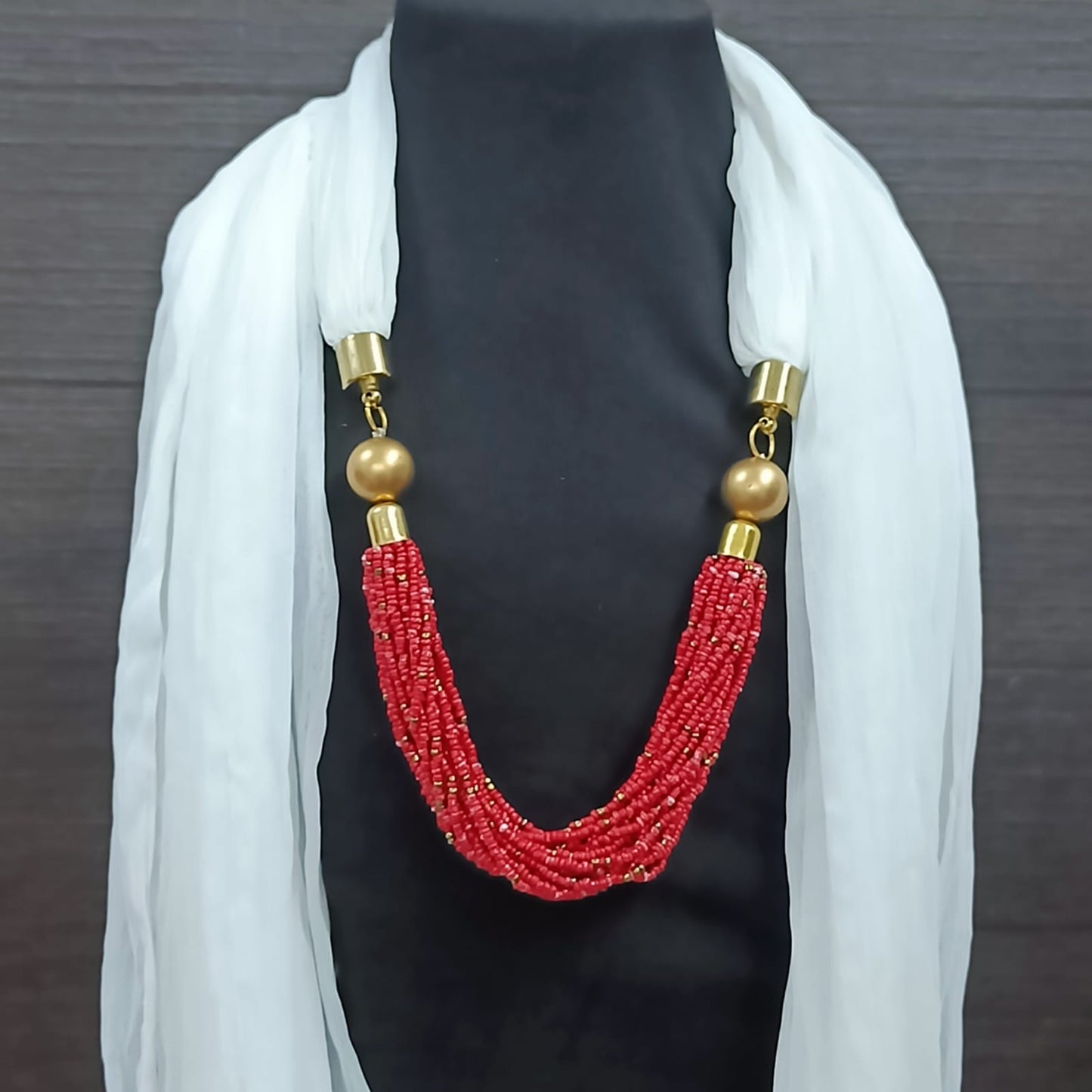 Bdiva Handmade White Scarf With Red Colored Seed Beads Necklace.