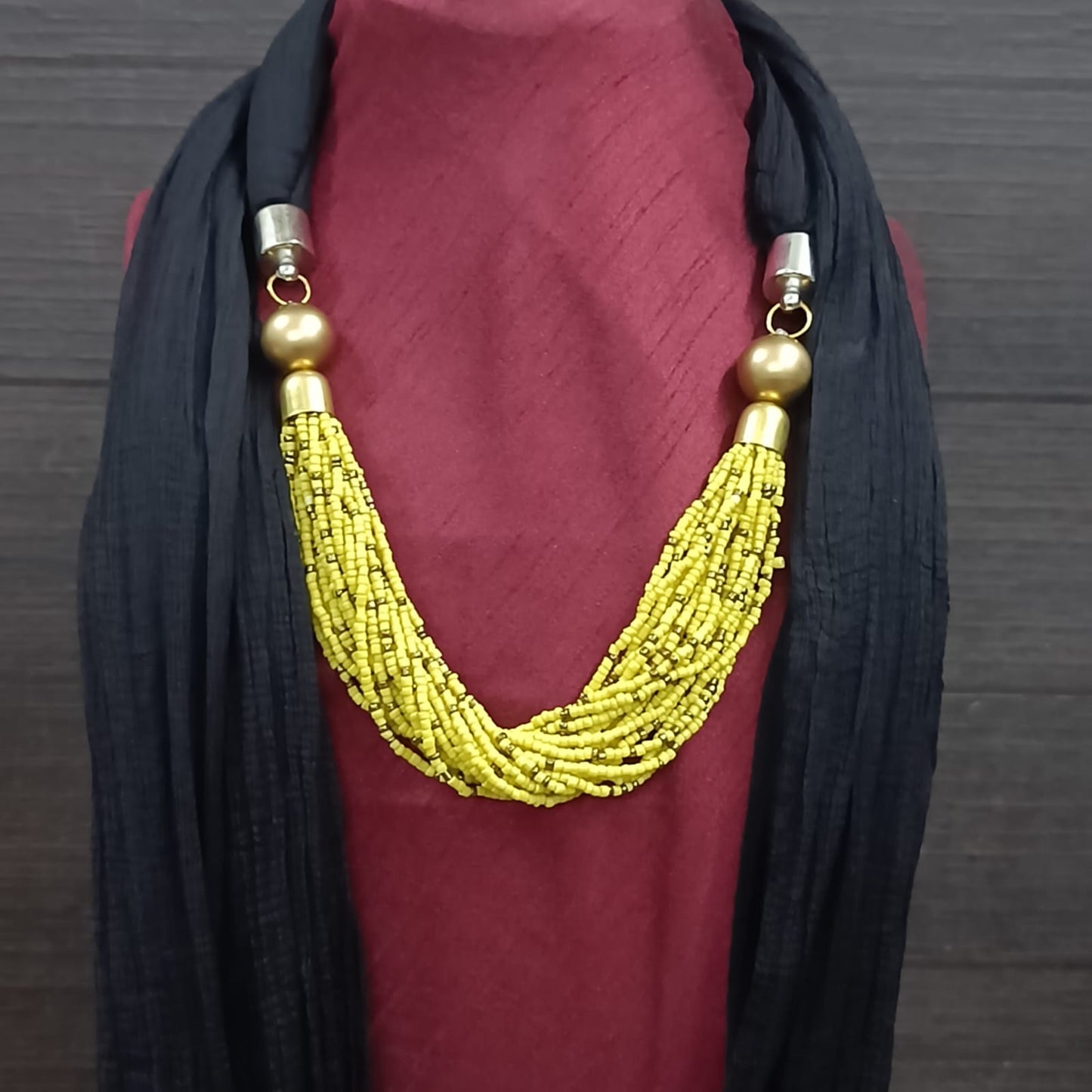 Bdiva Handmade Black Scarf With Yellow Colored Seed Beads Necklace.