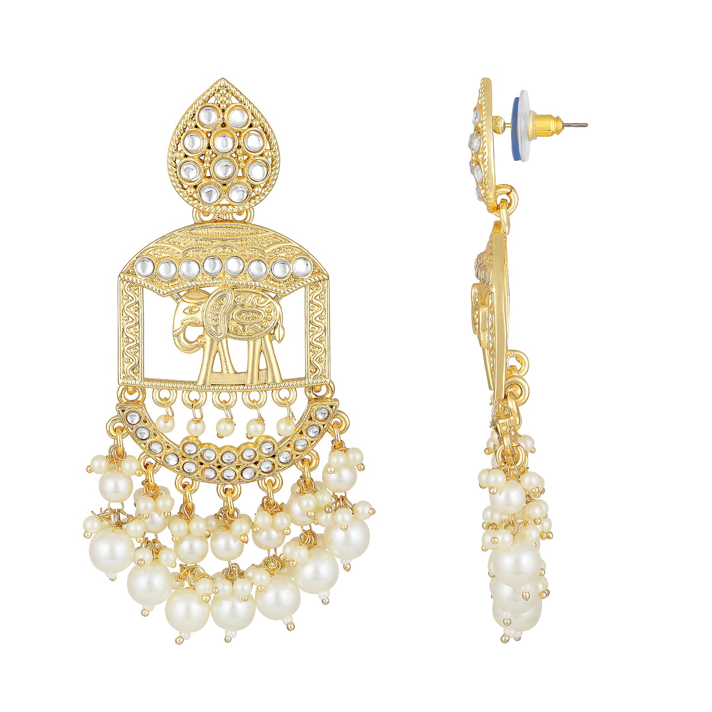 Bdiva 18K Gold Plated Traditional Elephant Earrings with Semi Cultured Pearls.