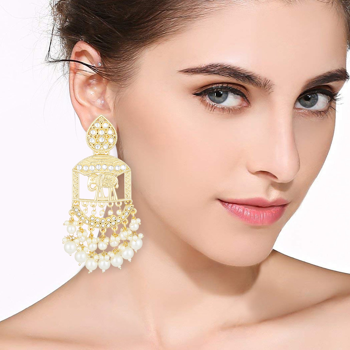 Bdiva 18K Gold Plated Traditional Elephant Earrings with Semi Cultured Pearls.