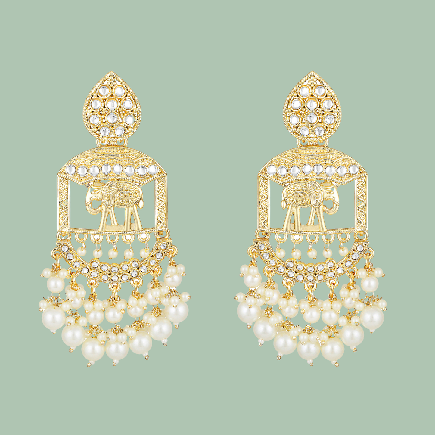 Bdiva 18K Gold Plated Traditional Elephant Earrings with Semi Cultured Pearls.
