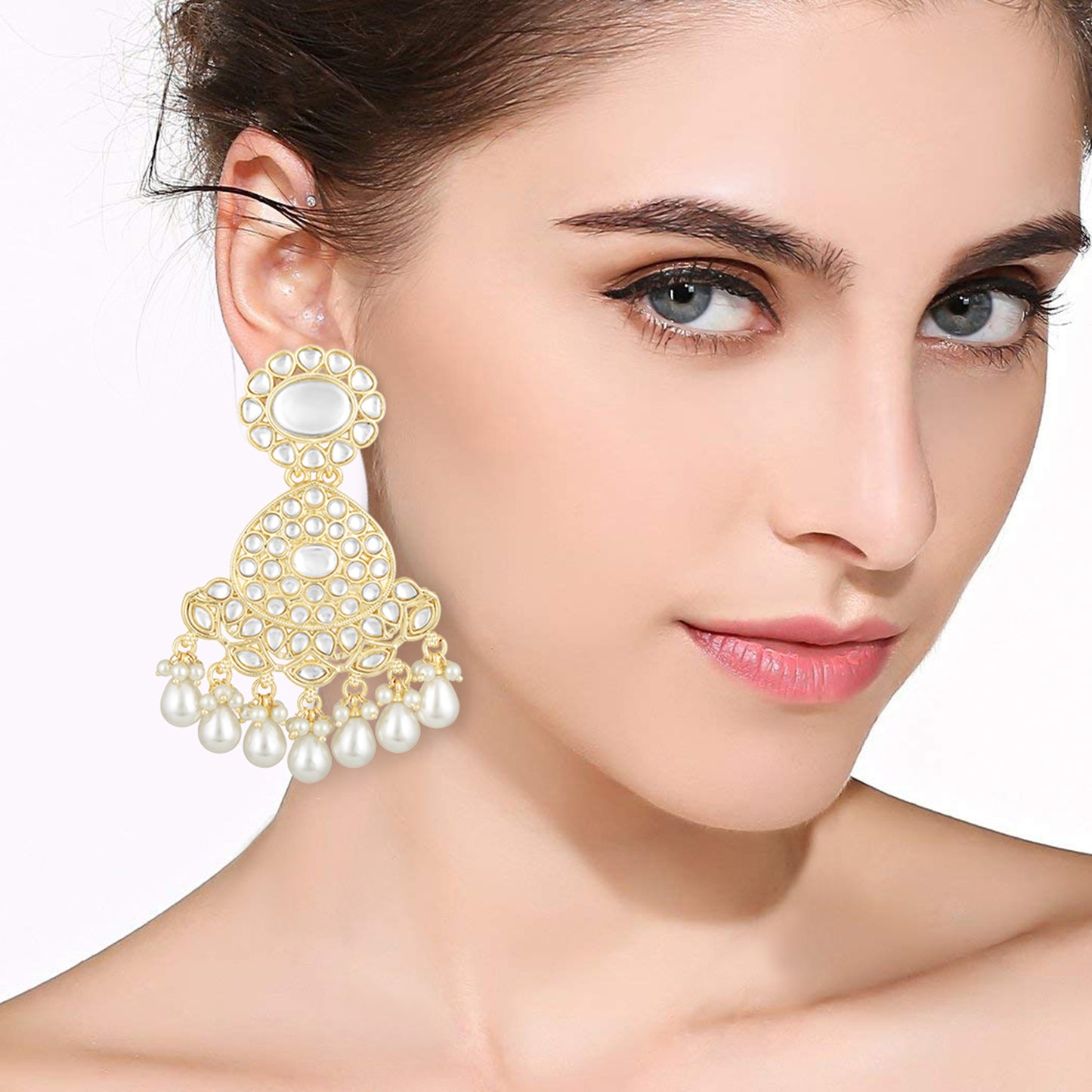 Bdiva 18K Gold Plated Kundan Earrings with Semi Cultured Pearls.