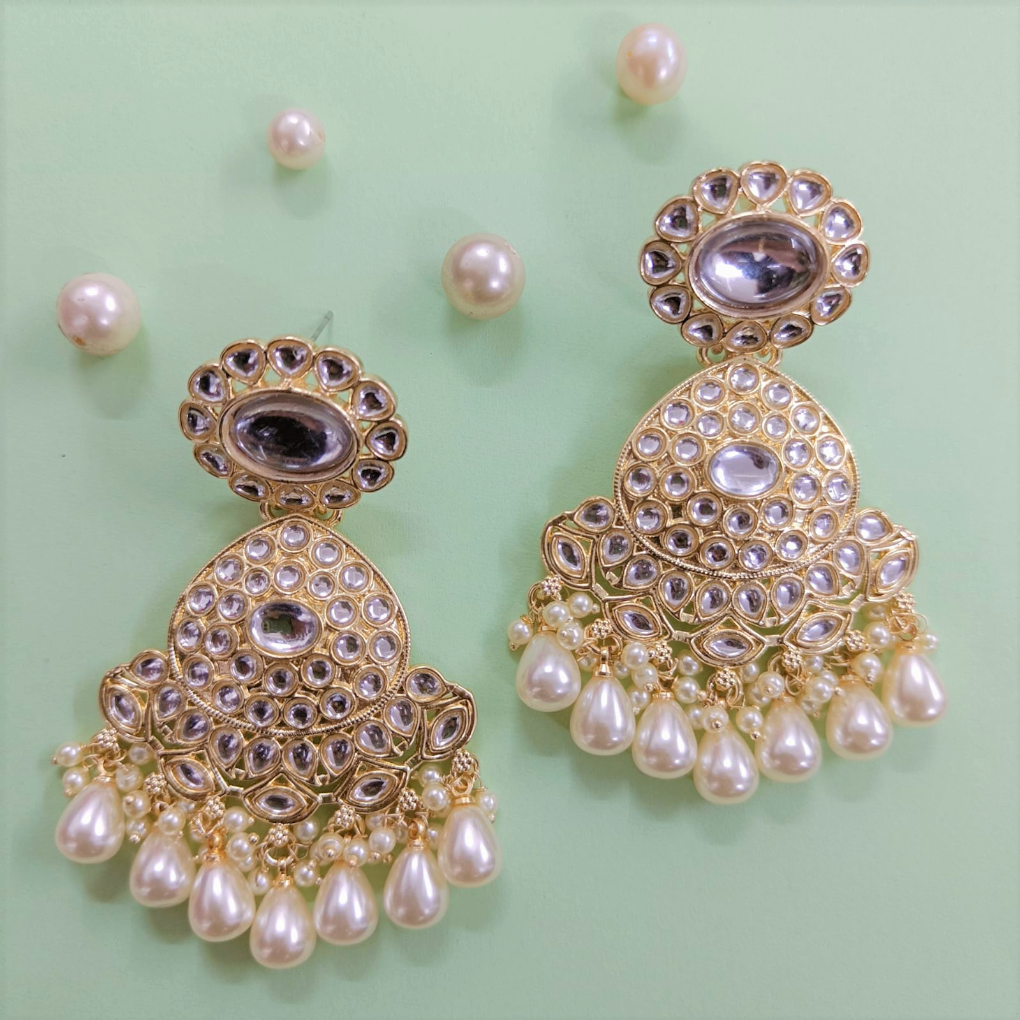 Bdiva 18K Gold Plated Kundan Earrings with Semi Cultured Pearls.