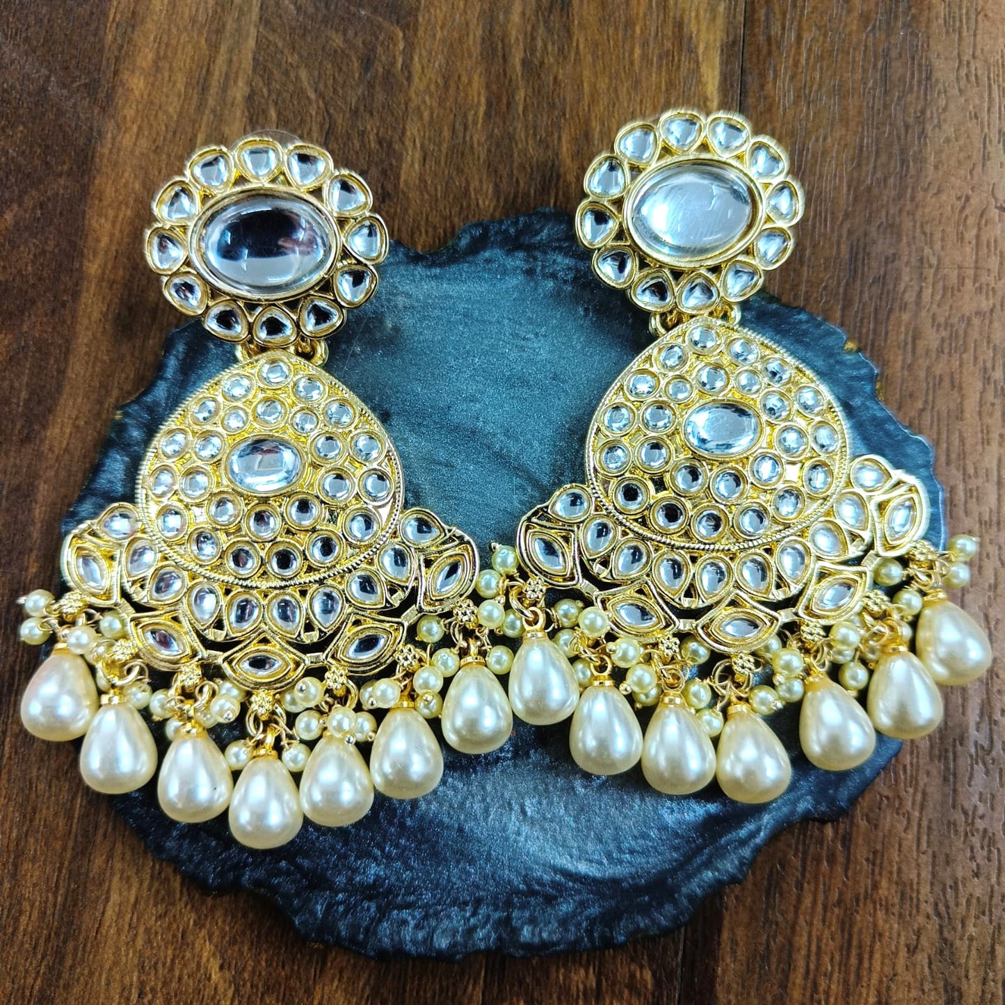 Bdiva 18K Gold Plated Kundan Earrings with Semi Cultured Pearls.