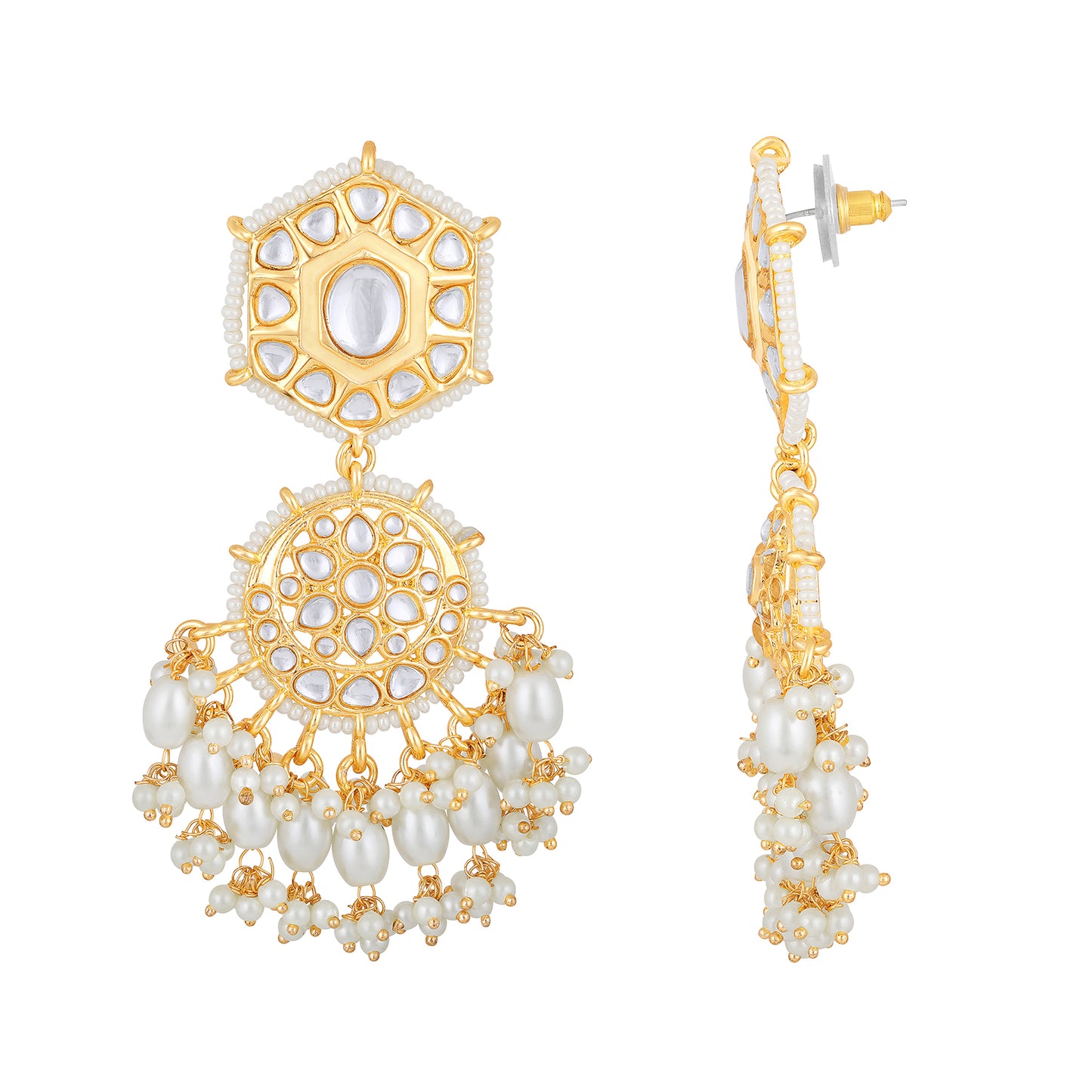 Bdiva 18K Gold Plated Kundan Earrings with Semi Cultured Pearls.