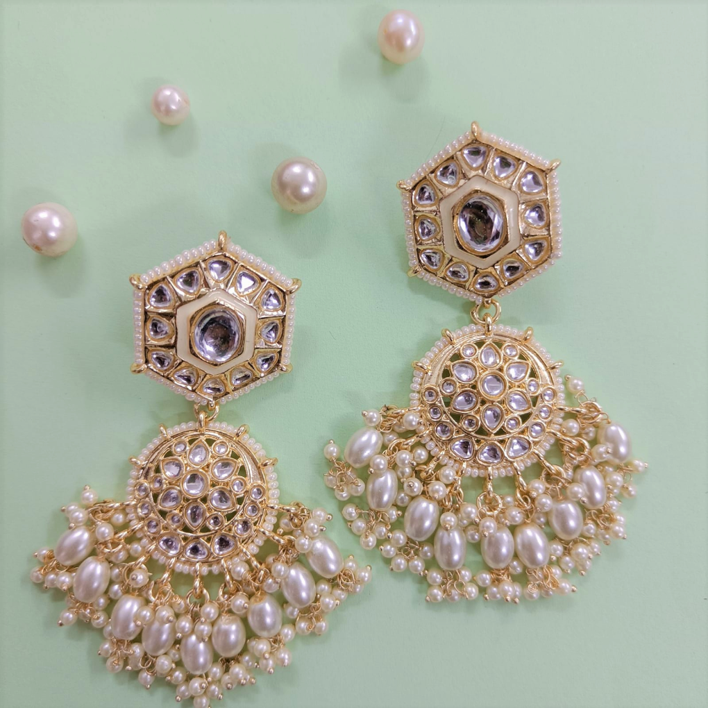 Bdiva 18K Gold Plated Kundan Earrings with Semi Cultured Pearls.