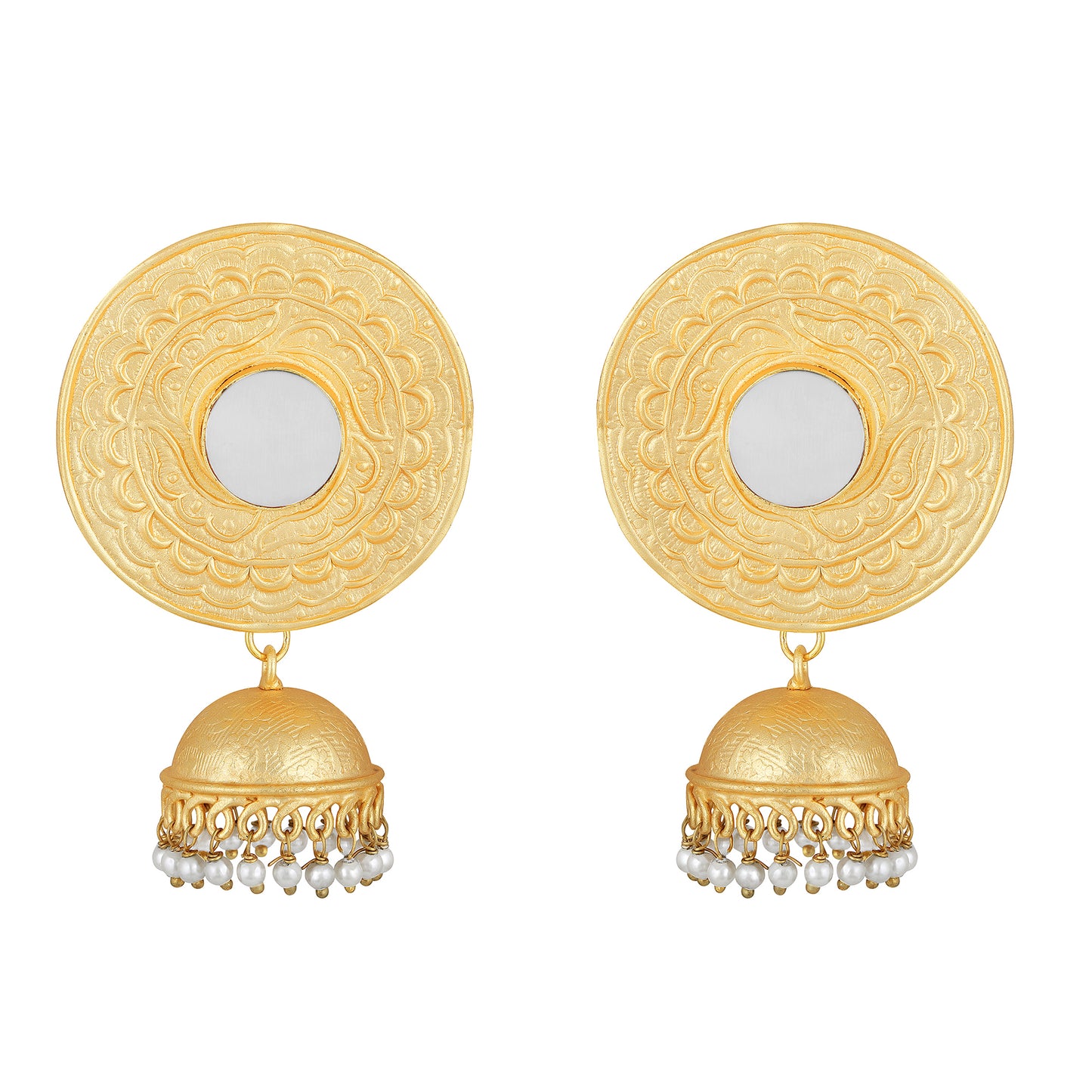 Bdiva 18K Gold Plated Intricately Carved Jhumka Earrings with Mother of Pearl.