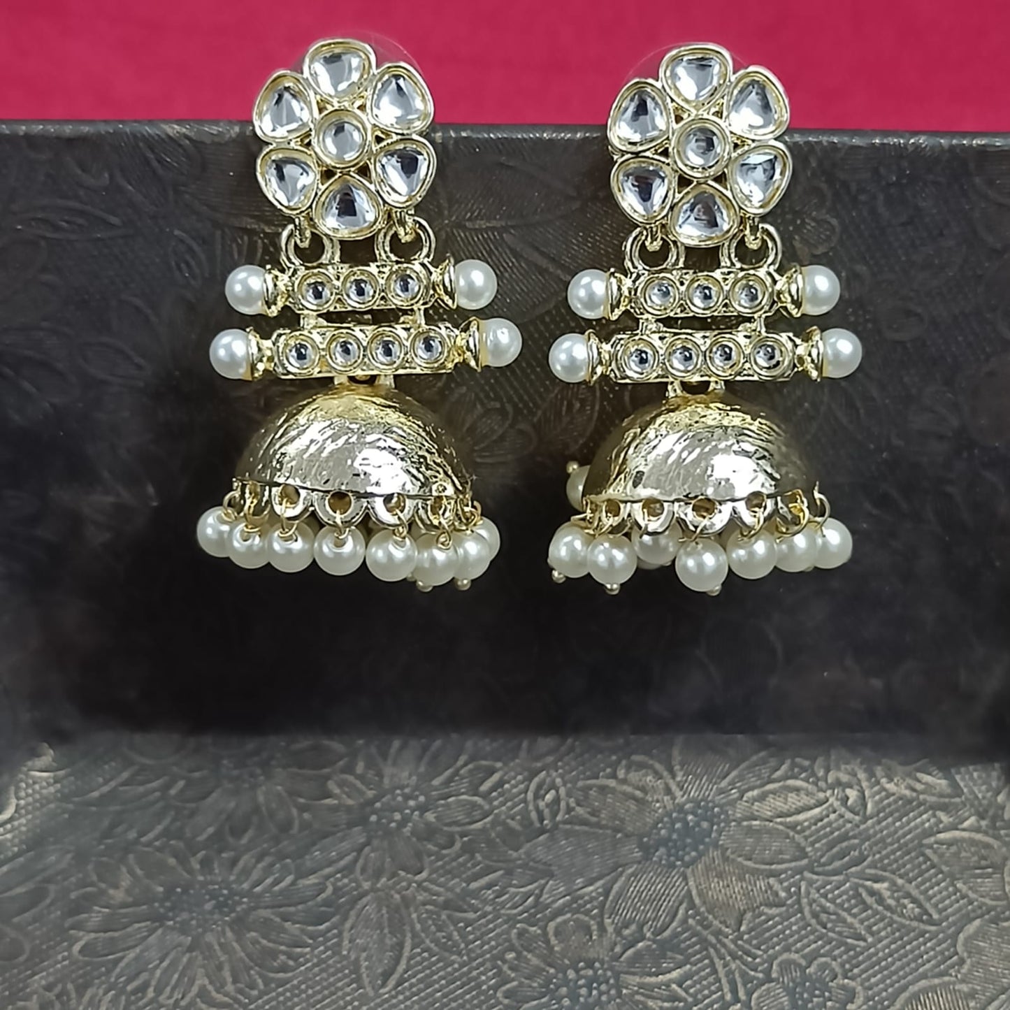 Bdiva 18K Multi Layer Gold Plated Kundan Jhumka Earrings with Semi Cultured Pearls.