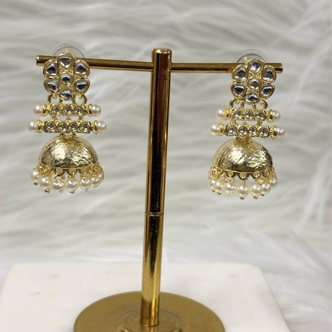 Bdiva 18K Multi Layer Gold Plated Kundan Jhumka Earrings with Semi Cultured Pearls.