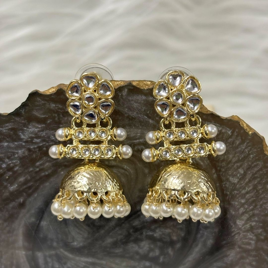 Bdiva 18K Multi Layer Gold Plated Kundan Jhumka Earrings with Semi Cultured Pearls.
