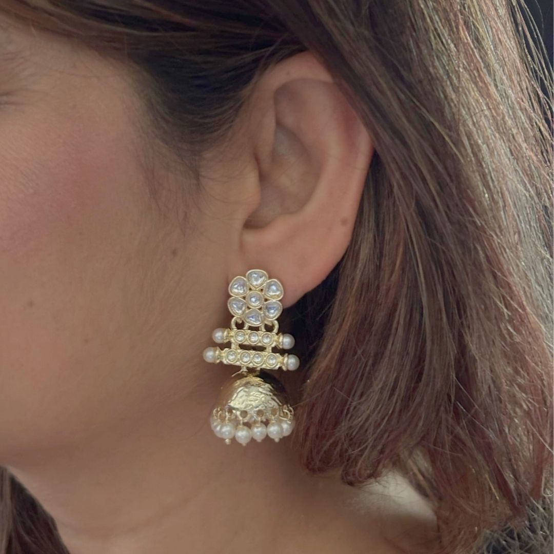 Bdiva 18K Multi Layer Gold Plated Kundan Jhumka Earrings with Semi Cultured Pearls.