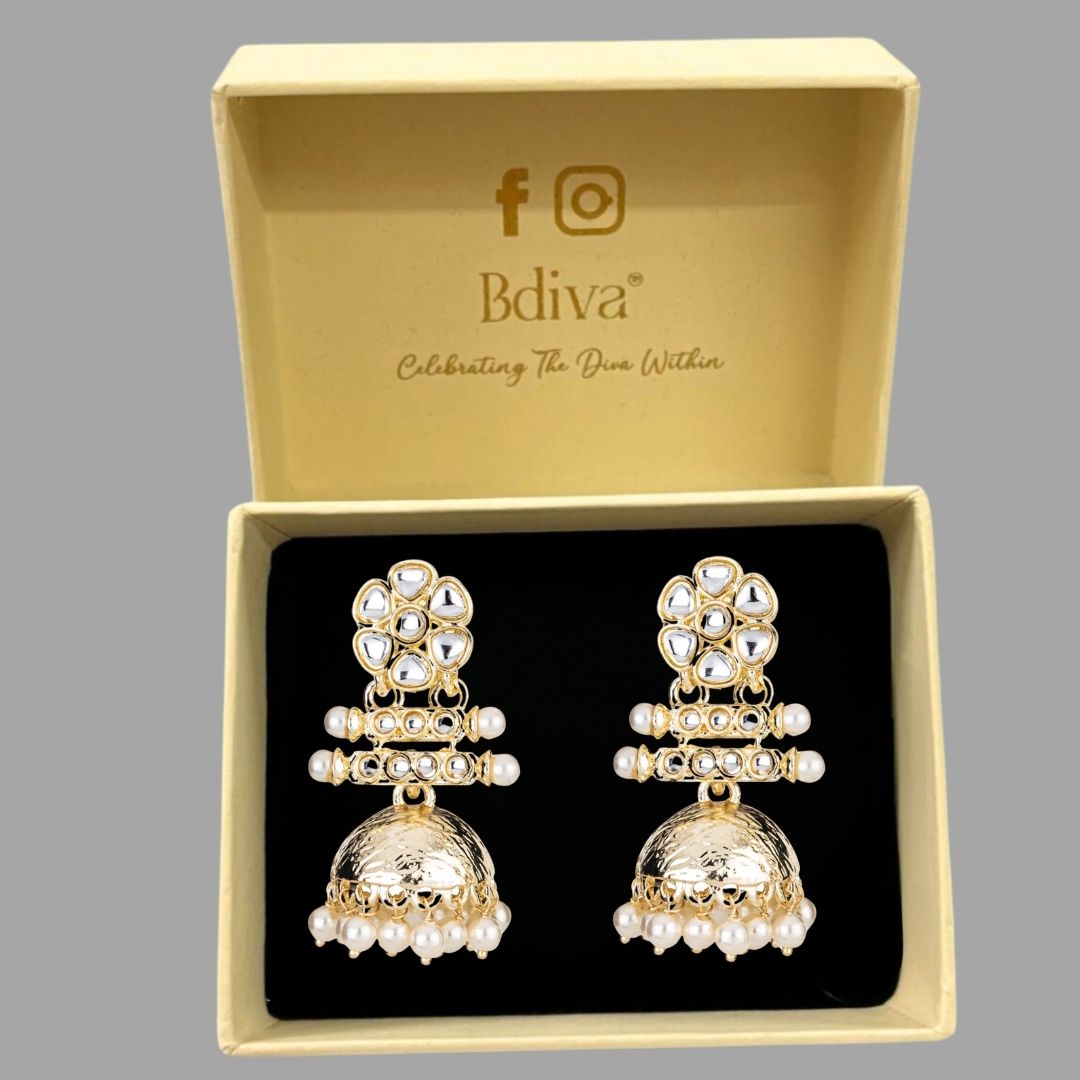 Bdiva 18K Multi Layer Gold Plated Kundan Jhumka Earrings with Semi Cultured Pearls.
