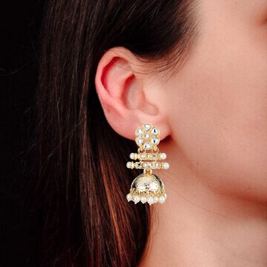 Bdiva 18K Multi Layer Gold Plated Kundan Jhumka Earrings with Semi Cultured Pearls.