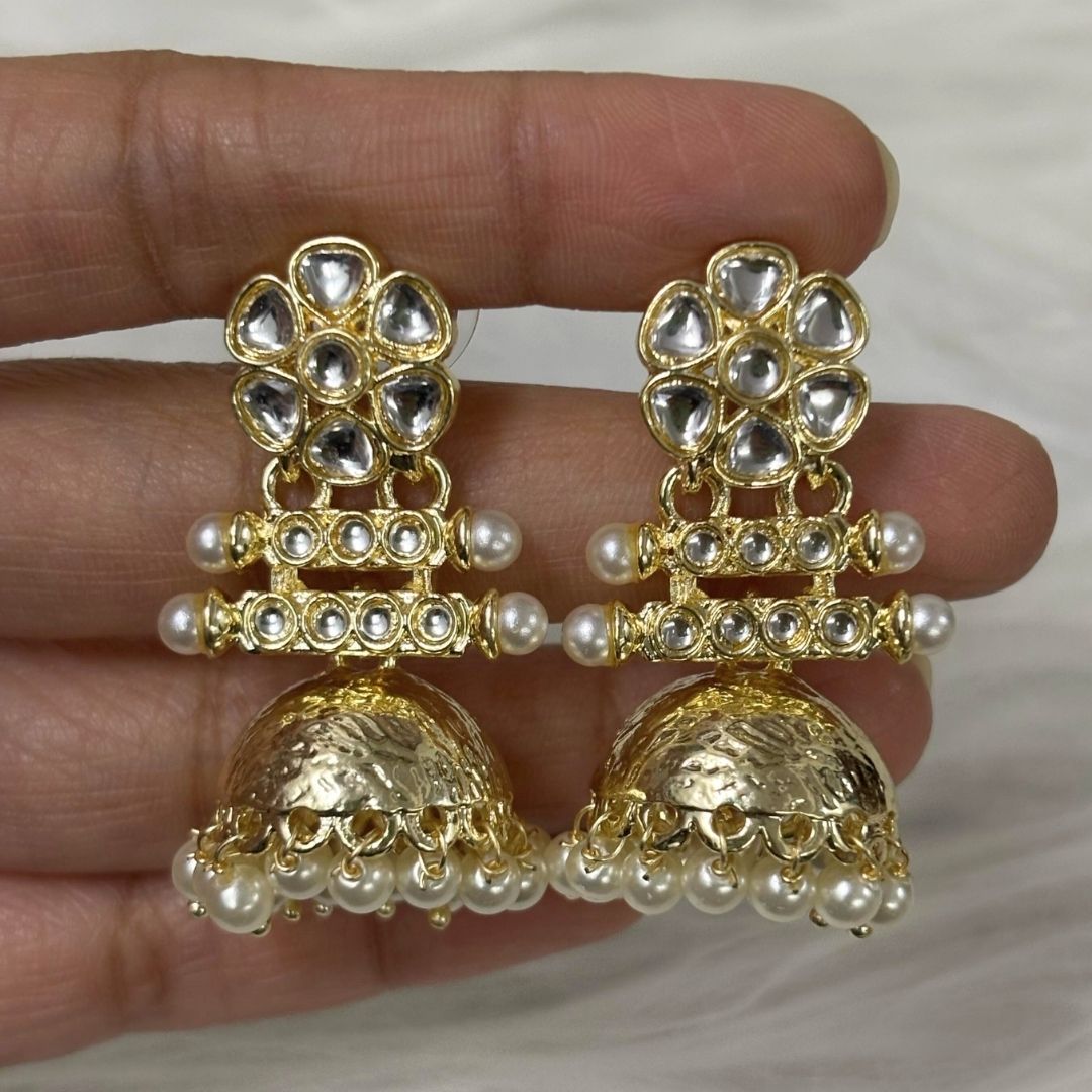Bdiva 18K Multi Layer Gold Plated Kundan Jhumka Earrings with Semi Cultured Pearls.
