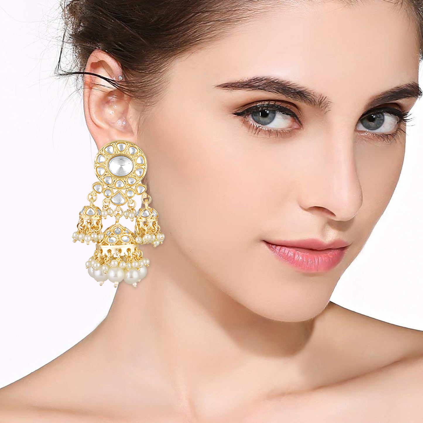 Bdiva 18K Gold Plated Kundan Earrings with Semi Cultured Pearls.