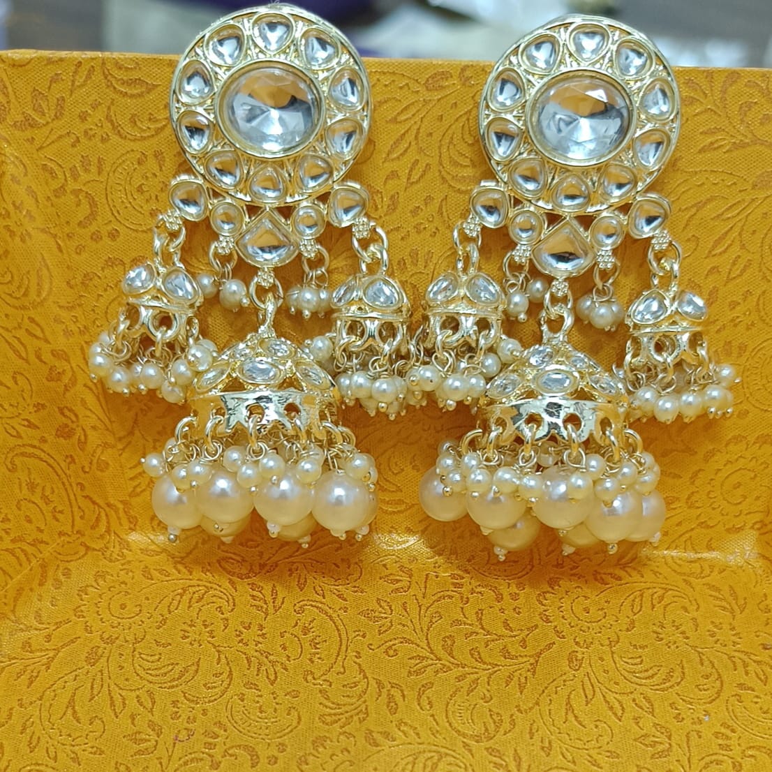 Bdiva 18K Gold Plated Kundan Earrings with Semi Cultured Pearls.