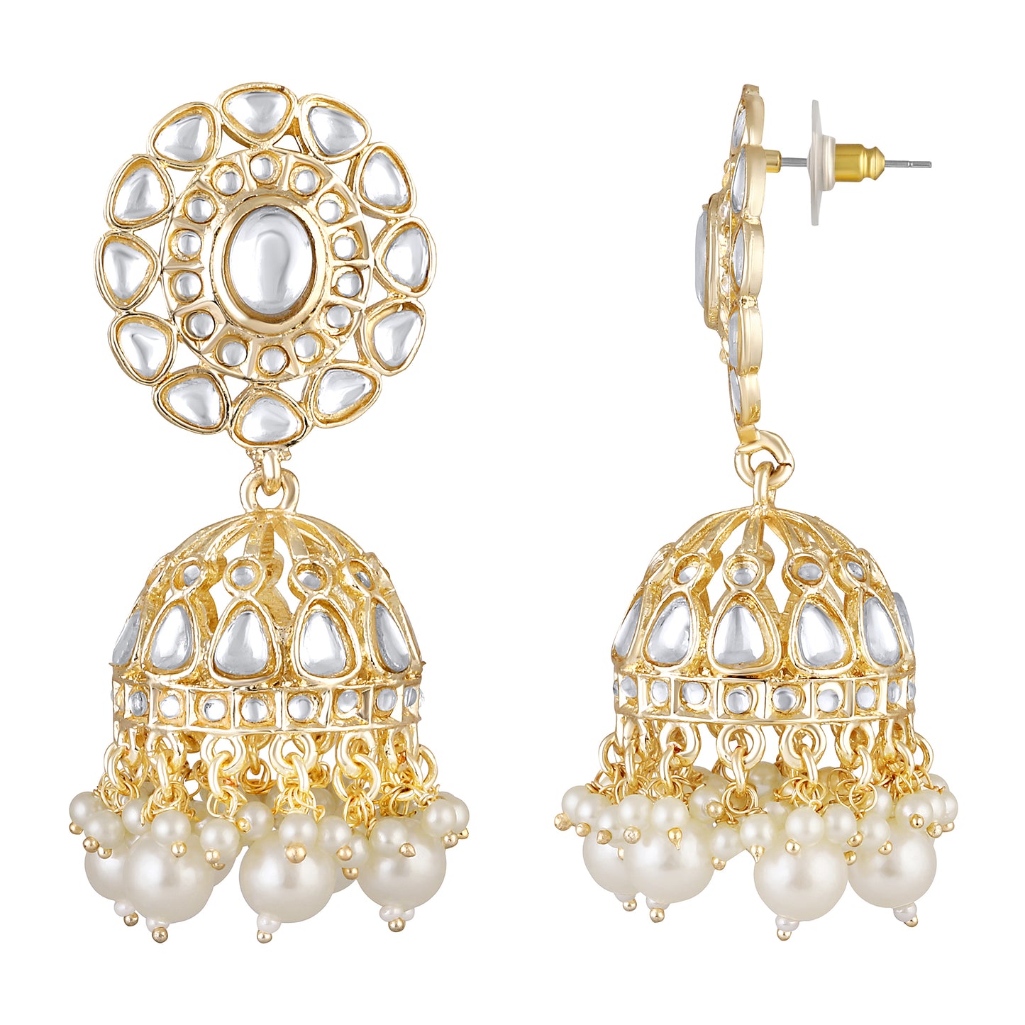 Bdiva 18K Gold Plated Kundan Jhumka Earrings with Semi Cultured Pearls.