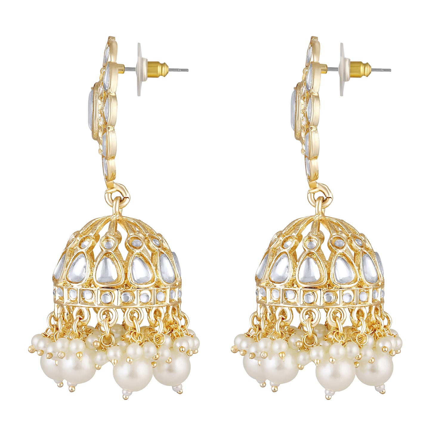 Bdiva 18K Gold Plated Kundan Jhumka Earrings with Semi Cultured Pearls.