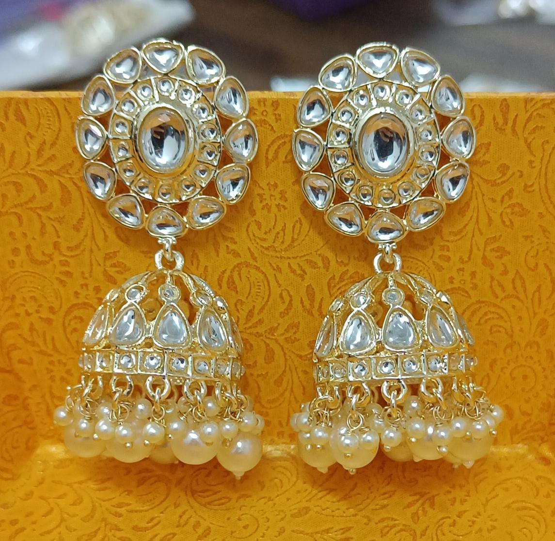 Bdiva 18K Gold Plated Kundan Jhumka Earrings with Semi Cultured Pearls.